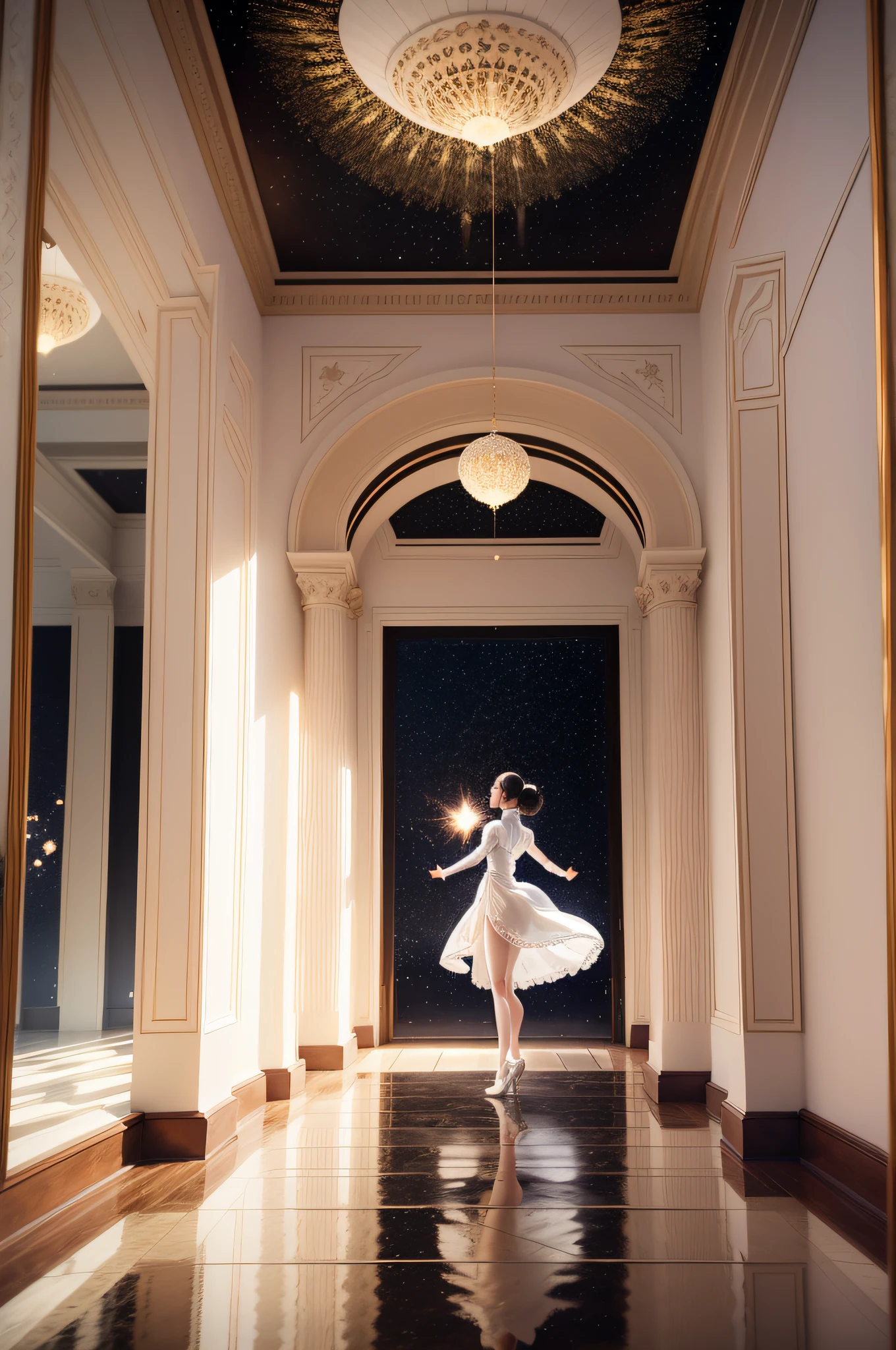 A dancing girl in a white striking qipao in a hall of decadent mirrors, her reflections clear across the magnificant hall that tapers towards eternity in a sea of birthing stars that herald the start of a nexus of incandescent possibilities