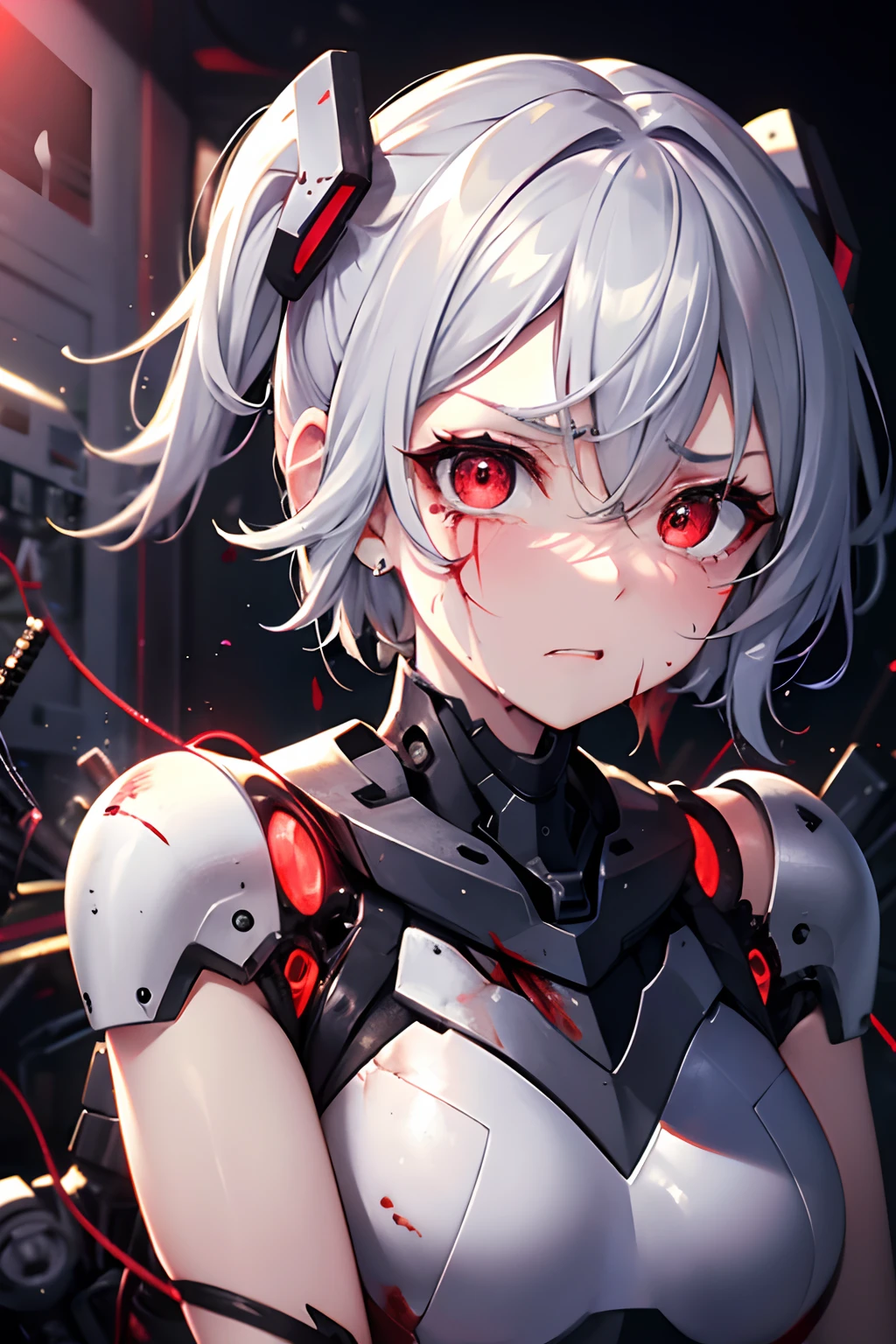 mechanical girl, gray hair, (red glowing eyes), (broken exoskeleton suit), mechanical joints, broken mechanical limbs, bare shoulders, angry, one eye is torn off, (serious breakage: 1.5), dirty, seriously damaged, one eye burns red, wires stick out, internal mechanisms are visible, (tears of blood: 1.3), professional lighting, best quality, masterpiece, ultra detailed, captures a super cute moment, depth of field, ultra high resolution, fine details, 16k wallpaper,