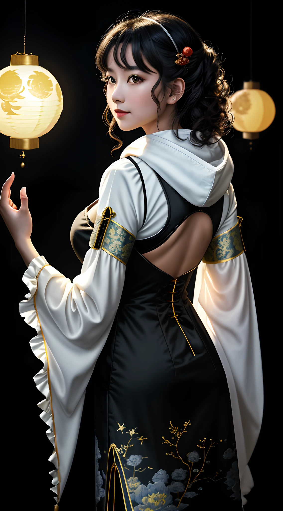 Festive lanterns, Family reunion, Moon cakes, Moon viewing, Impressionism, Qi Baishi, Dragon Dance, Panoramic view, warm light, festive light, colorful light，Trends on Artstation，Trends on CGSociety，iintricate，high detal，Clear focus，dramatics，Realistic painting art，by Midjourney and Greg Rukowski，（（best qualtiy）），（（tmasterpiece）），A high resolution，Original，very detailed wallpaper，Very delicate and beautiful,illustration,电影灯光,volumettic light,halo effects,light particules,((1girl)),beautifuldetailedeyes,longsleeves,hoodie,frills,noshadow,simplebackground,(((black background))),European,brightskin, (((1980s(style)))), movie theater, siluette, escala cinza, Mono Color,((Large wavy curls)), Pupil of the slit,(((back to look back))), Movie Angle, (((closeup cleavage) )),(((portrait))),lens flare glow,Seductive smile,tarot cards,mid hair