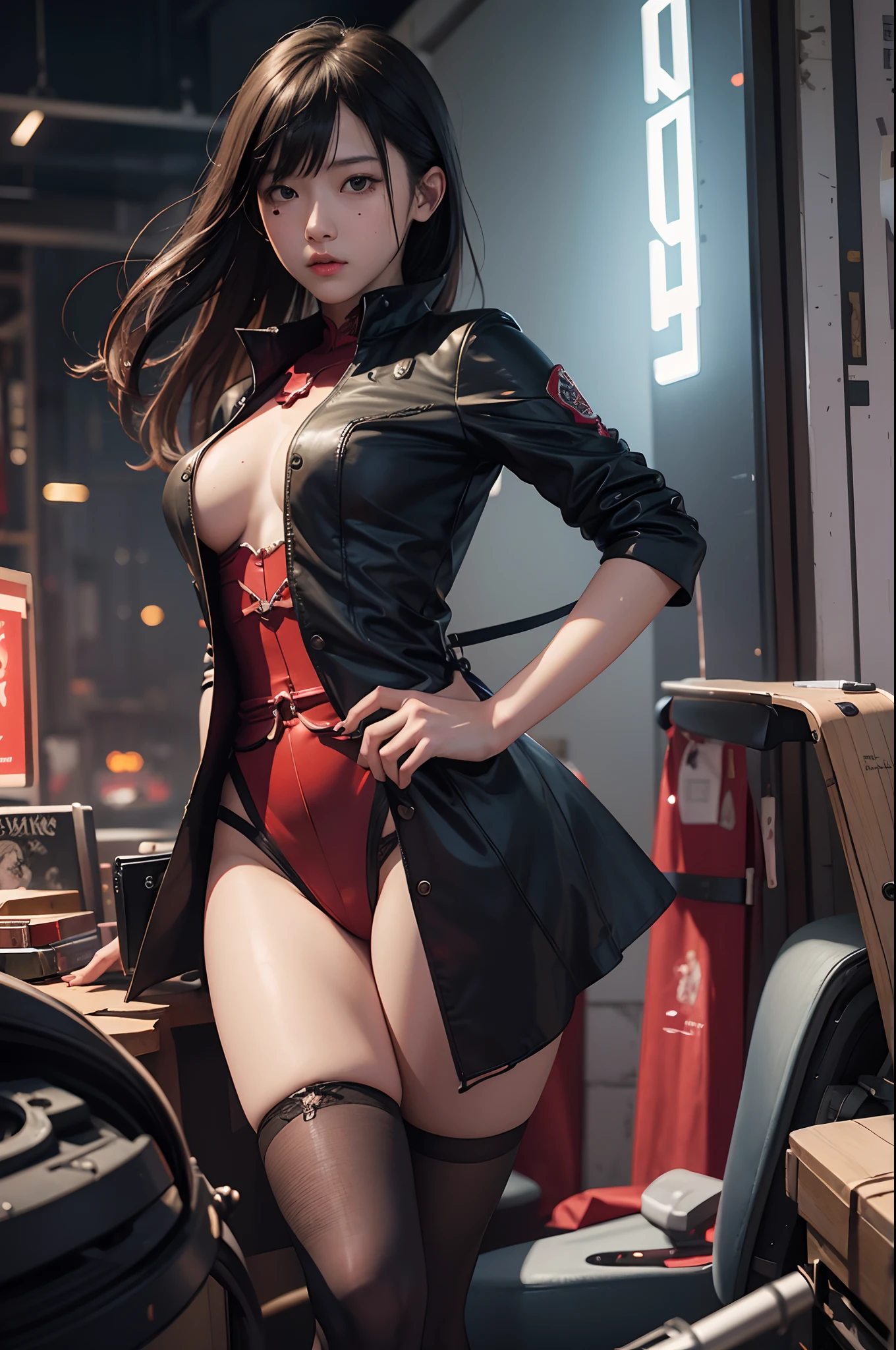 art by katsuya terada, art by range murata, art by akiman, art by JUNNY, Full body shot portrait of cute slender Young Japanese hit girl, Battle Scars, Realistic skin texture, Few moderate moles, wearing a suit, hold a gun, Red Circle nightclub in San Diego, Red and blue cinematic lighting, highly detailed, ray tracing, digital painting, concept art, smooth, sharp focus, illustration, 8k