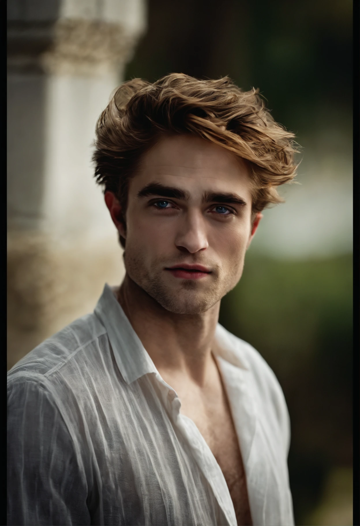 robert pattinson, Um jovem, com dentes de vampiro, pele muito branca, olhos brancos, com roupa de vampiro e asas de morcego posando sem camisa em um fundo de castelo