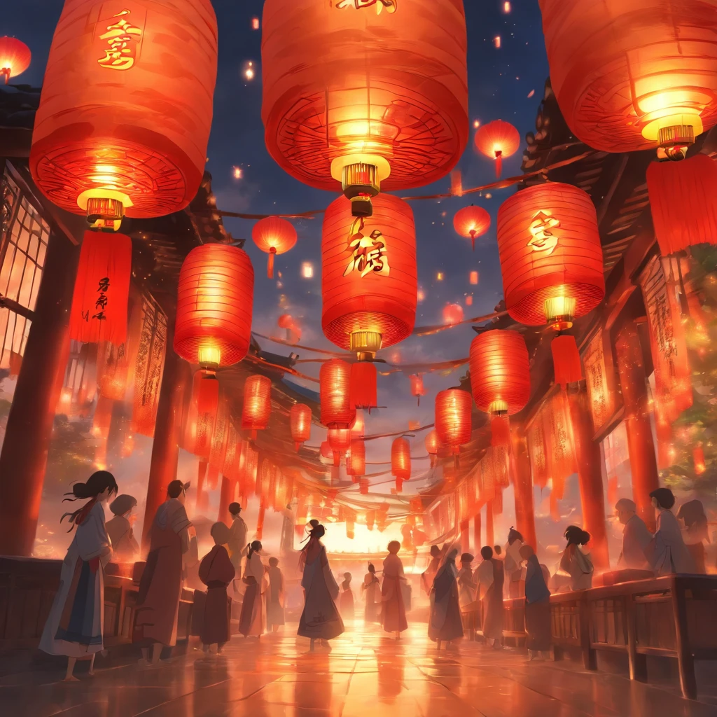 Festive lanterns, Family reunion, Moon cakes, Moon viewing, Impressionism, Qi Baishi, Dragon Dance, Panoramic view, warm light, festive light, colorful light
