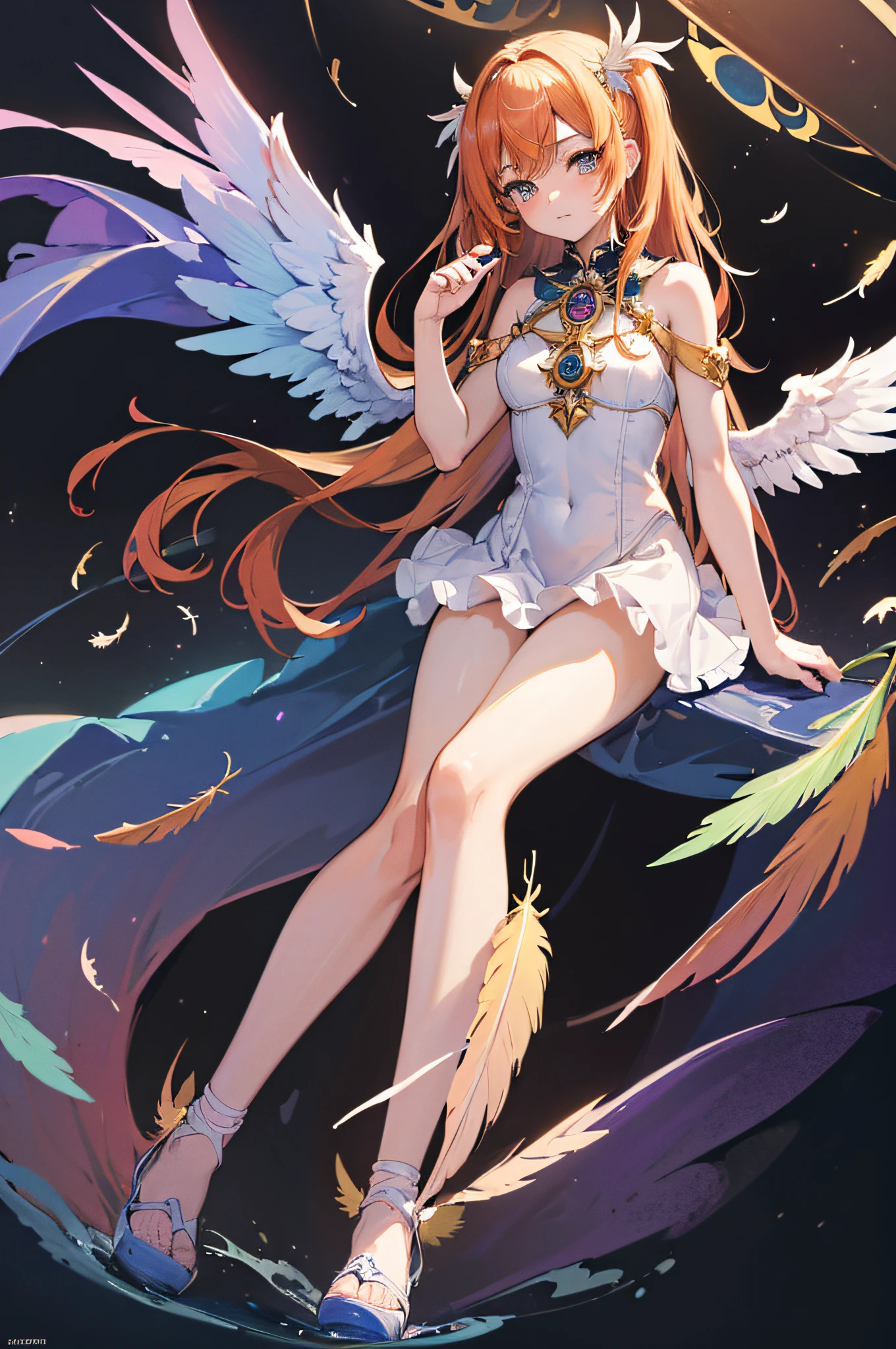 (masterpiece, incredibly absurdres, highres, best quality, official art, beautiful and aesthetic:1.2), one girl, angel Descending, (kaleidoscope:1.2), stained glass, Greek, front view, from below, full body, (angel feather wings), (happy), (vivid), floating colorful feather