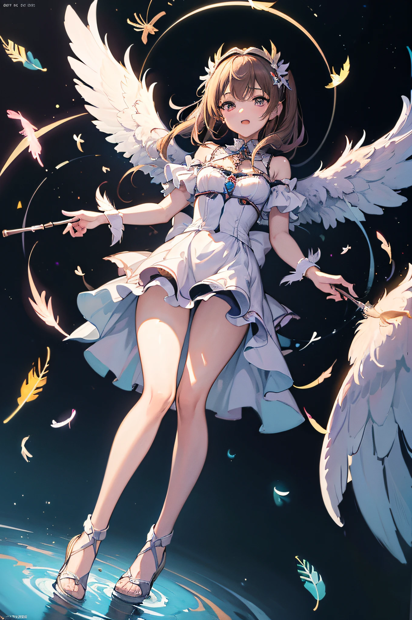 (masterpiece, incredibly absurdres, highres, best quality, official art, beautiful and aesthetic:1.2), one girl, angel Descending, (kaleidoscope:1.2), stained glass, Greek, front view, from below, full body, (angel feather wings), (happy), (vivid), floating colorful feather