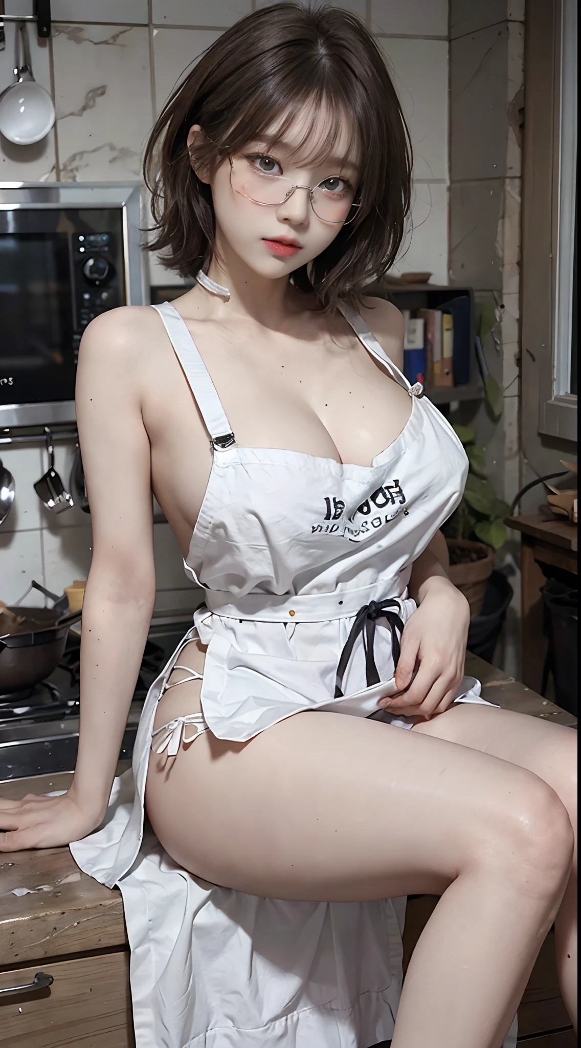 Top image quality、Raw photography、超A high resolution、18-year-old Korean、Glasses beauty、Colossal tits:1.5、cleavage of the breast:1.5、Healthy complexion、shiny white skin、(short cut hair)、((Light brown silver hair))、Beautiful eyes with random colors、very thin lips、beautiful eyes finely detailed、elongated eyes、pale pink blush、long eyeslashes、Beautiful double eyelids、eyeshadows、耳Nipple Ring、Beautiful skin、Healthy skin、(Fashionable glasses、Wearing _kitchin_Apron、Broken white micro apron、Naked little apron, Apron with shoulder strap detached、Beautiful legs、Attractive thighs)、(slightly thicker thighs、Sit in the kitchen)