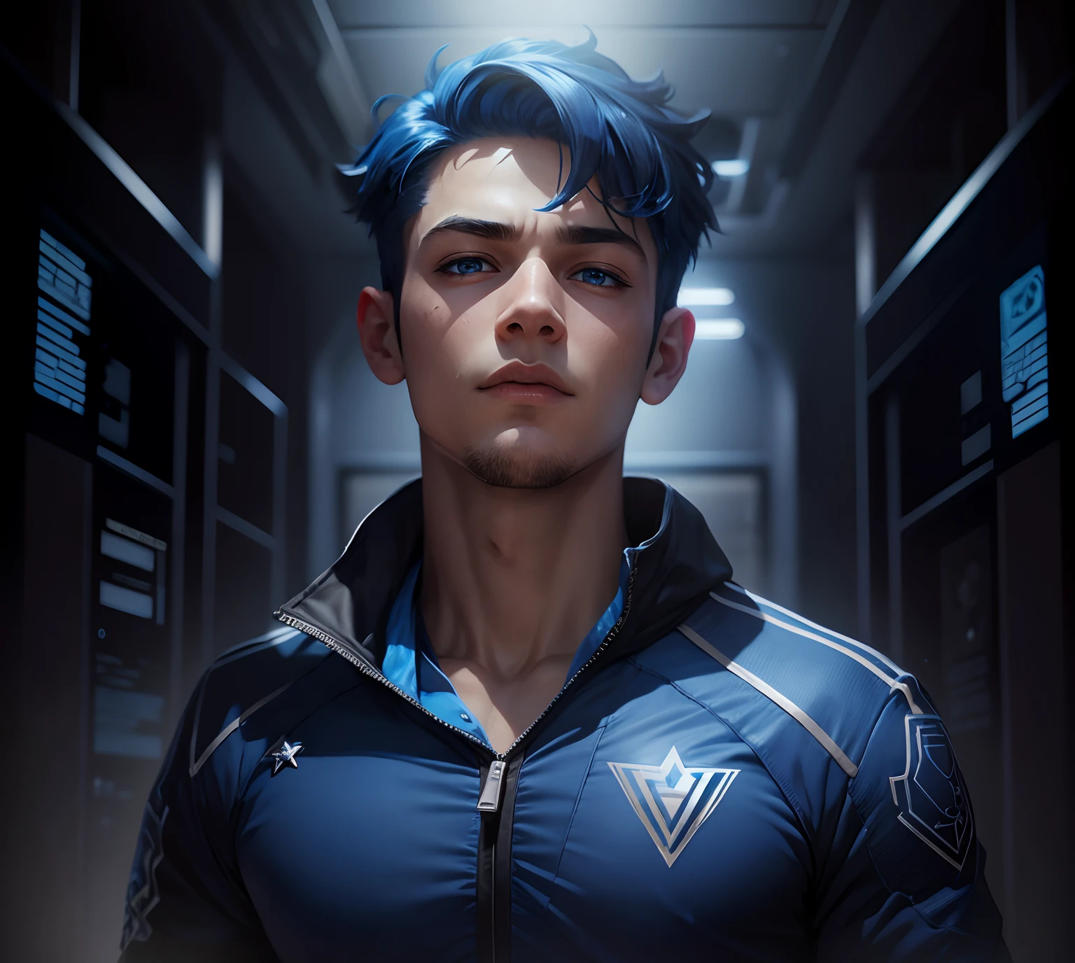 A boy, blue eyes, blue hair, change suit in gaming outfit, change background in marvel theme