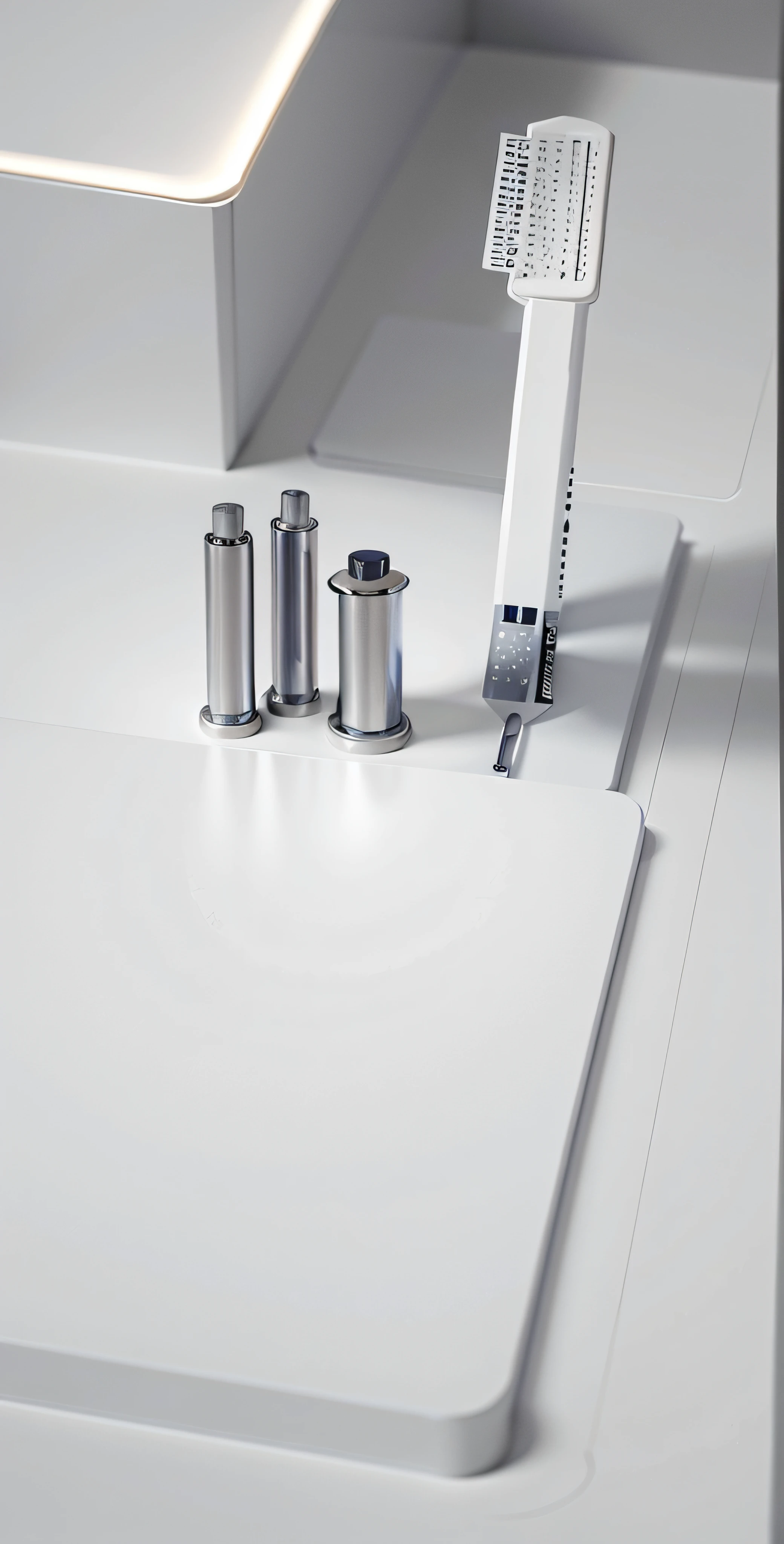 Products placed on marble tables,Top-down view,Rooms in grey and white style,(kitchens:1.5),White table,near a window, Chiaroscuro, hyper HD, 8K, Best picture quality ,realisticlying,Foto realism,Lens perspective blur,Bright lights,Realistic lighting