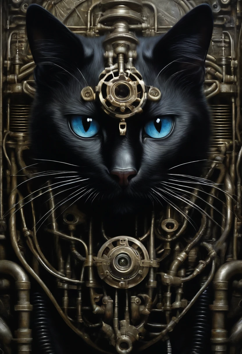 Front portrait of a cat face , giger, biomechanical body, sinister machine, plugged, pipes and cables, tenebrous, hyperrealistic, ultra detailed, intricate, oil painting by chris cold