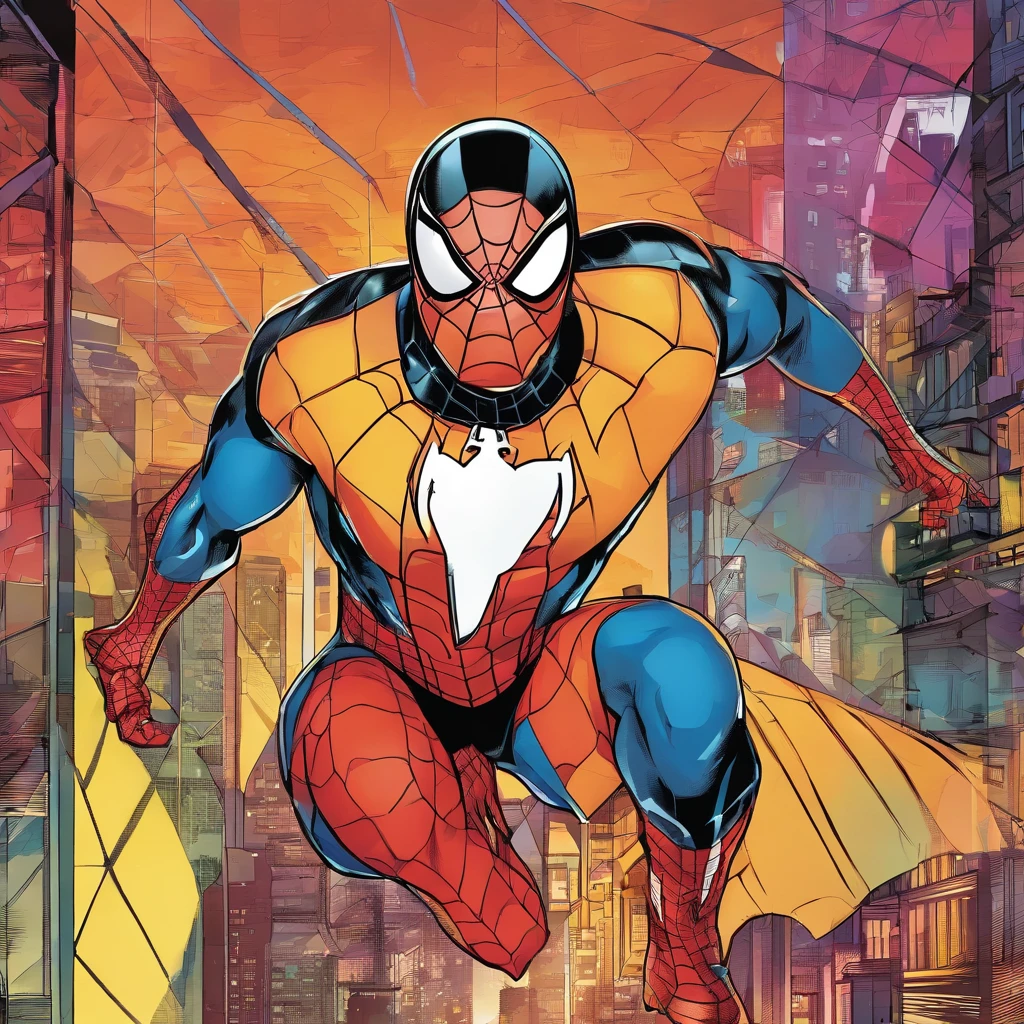 Miguel O'Hara from spiderman across the spider verse, midshot, (cel-shading style:1.3), centered image, ultra detailed illustration, posing, (tetradic colors), inkpunk, (ink lines:1.1), strong outlines, art by MSchiffer, bold traces, unframed, high contrast, (cel-shaded:1.1), vector, 32k resolution, best quality, flat colors, flat lights