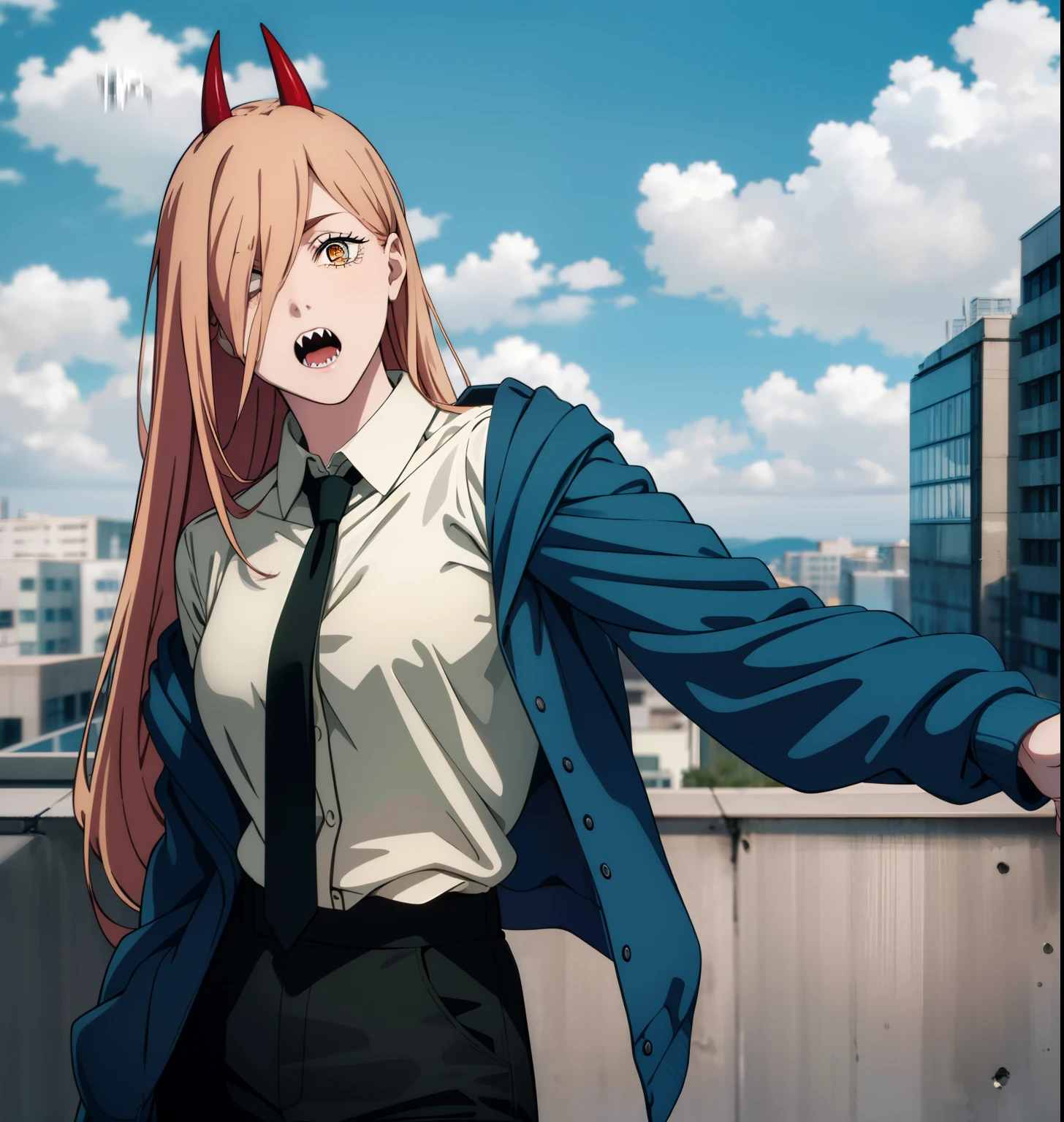 ultra realistic 8k cg, masterpiece, ((ultra detailed background, delicate pattern, intricate detail)), (highly detailed, fine details), best quality, 1girl, (photorealistic:1.4),beautiful lighting,  absurdres, RAW photo, film grain, csm anime style, 1girl, horns, solo, teeth, sharp teeth, sky, open mouth, long hair, cloud, hair over one eye, demon horns, blue sky, day, outdoors, urban yellow eyes, hood, blonde hair, anime coloring, red horns, cloudy sky, jacket, black pants, power (chainsawman), cross-shaped pupils, horns, white shirt, pants, collared shirt, black necktie, blue jacket, pointing finger,