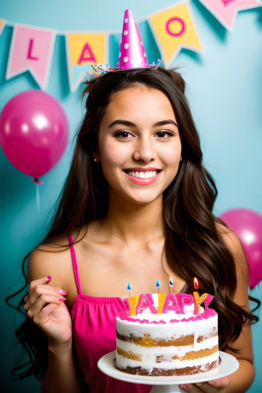 photo of young woman, birthday party, cake
