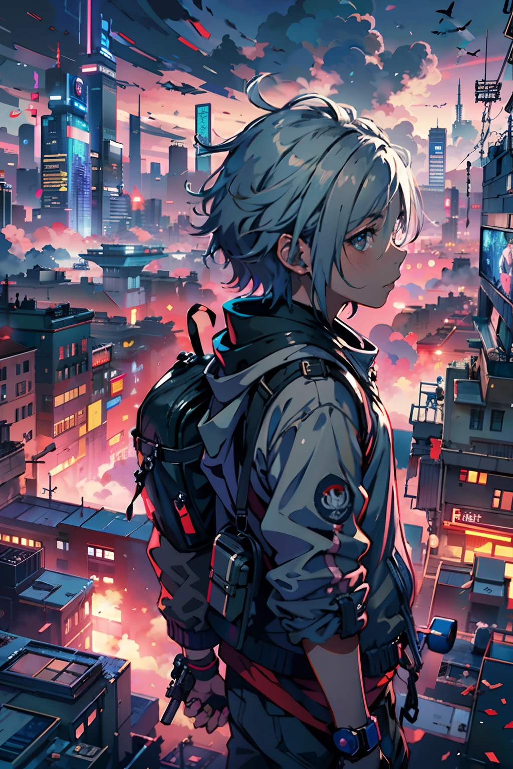 1boy,(a 13 yo boy:1.5)、Anime-like protagonist、Cyberpunk Boy、silber hair、katanas,machine gun、Whole body bloody、Looking at the camera、The beginning of the adventure、Lots of clouds,heavy fog、Moon,Chaotic city of the future、dystopian、Vibrant lighting、Chaotic、Beautiful and fantastic scenery、Cinematic scenery、hightquality、masutepiece,in 8K、hight resolution、