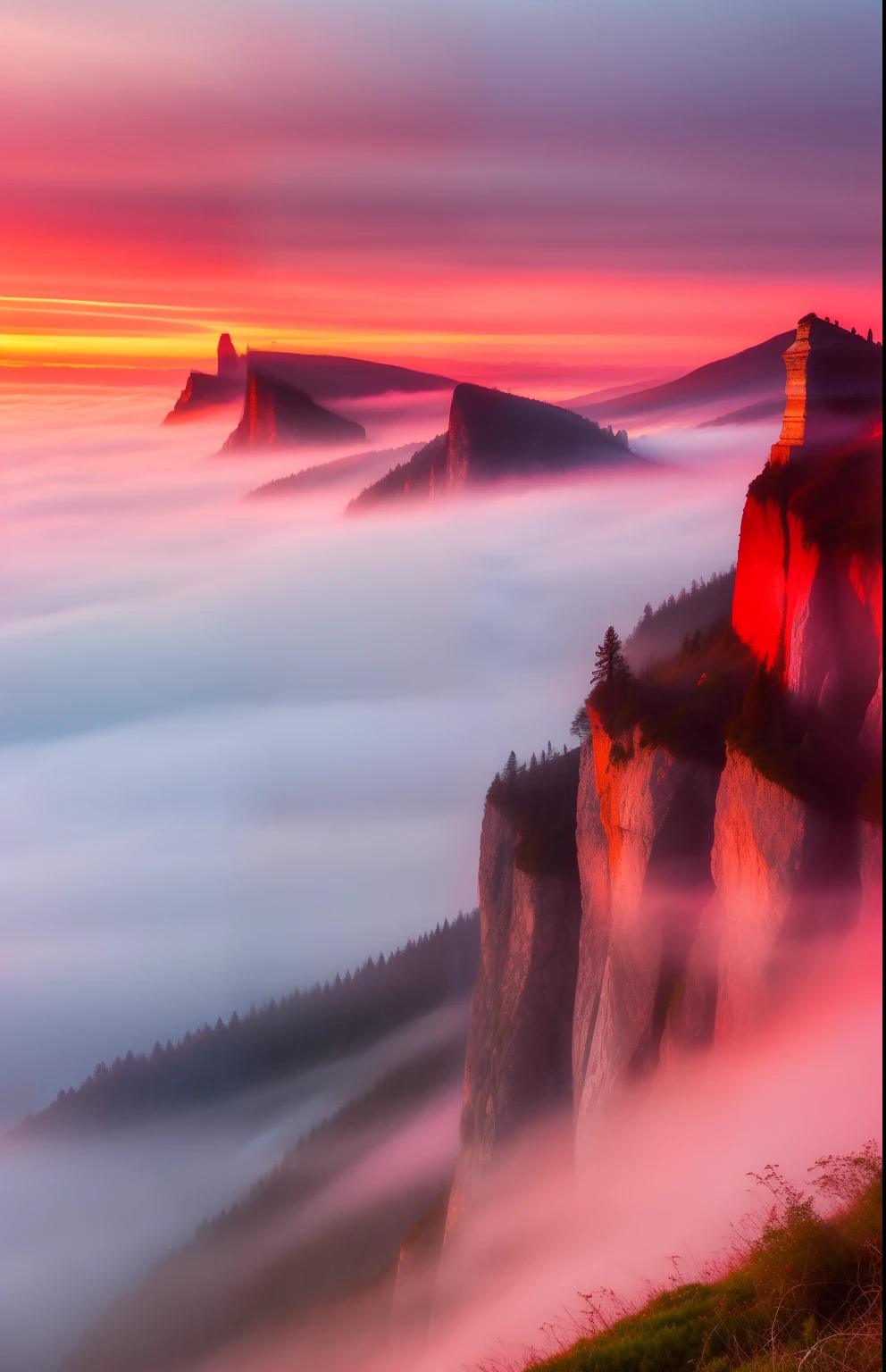 A wonderland on earth, locked peaks and cliffs, thick fog, sunset dyed red sky, colorful clouds.