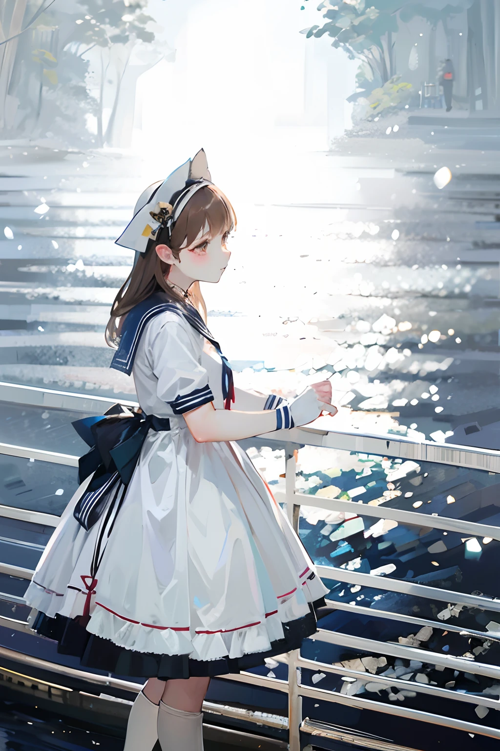 there is a woman in a sailor costume standing on a boat, brown hair, long hair, sailor uniform, loose coat collar sailor uniform, sailor clothing, azur lane style, kantai collection style, female sailor uniforms, anime girl cosplay, lolish, lolita style, lolita fashion, sakimichan, cosplay photo, anime cosplay, cosplay of a catboy! maid! dress, white uniform
