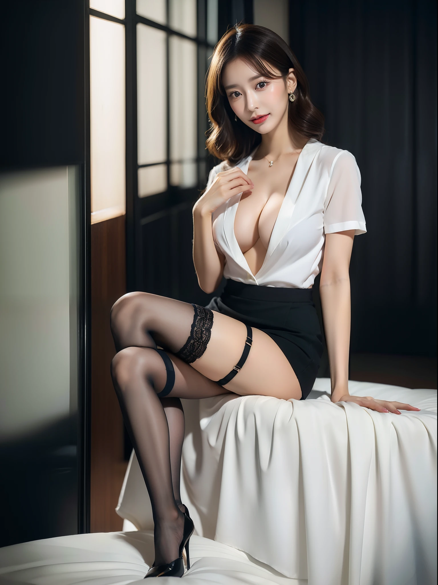 (((NSFW))), (Best Quality, 8K, masutepiece:1.3)) , (femele: 1.4), 1girl in, goddes, 25 years old, costume photography, The whole picture, Nikon SLR camera, Focus aperture F.2, focal length 85mm, (Face Close-up), (Large breasts), (Exposed cleavage), ((White tight t-shirt)), Black bra and garter stockings,  ( Standing), (Chest close-up), (hip close-up), Arakfi woman in business casual dress posing for photos, sitting on a bed, Elegant dress, black curly hair, Double eyelids, Black eyes, fine eye details, long eyelashes, fine eyelash details, Snow-white skin, Fine skin texture, Pozi style clothing, formalwear, Business Wear, Tight red mini skirt, business skirt, business skirt, delicate skirt, luxurious skirt, thin waist, the detailed images, elegant intellectual charm beautiful, Charming, elegant high quality, Cheerful, romantic, Natural smile, Looking at the camera