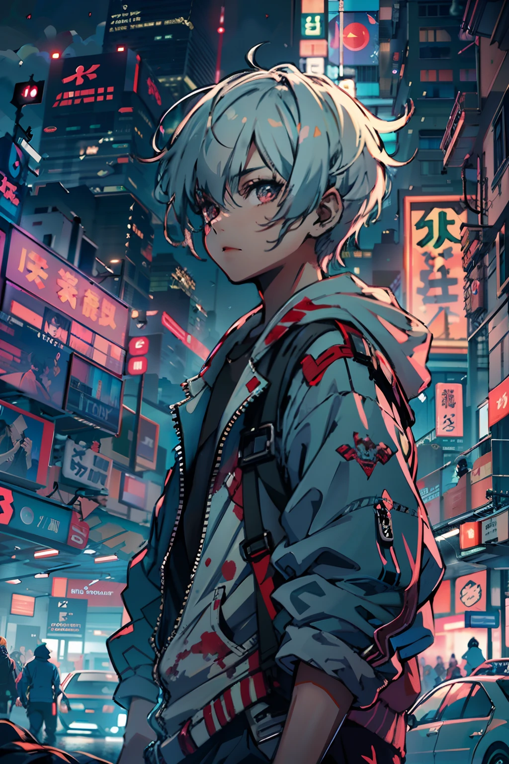 1boy,(a 13 yo boy:1.5)、Anime-like protagonist、Cyberpunk Boy、silber hair、katanas,machine gun、Whole body bloody、Looking at the camera、The beginning of the adventure、Lots of clouds,heavy fog、Moon,Chaotic city of the future、dystopian、Vibrant lighting、Chaotic、Beautiful and fantastic scenery、Cinematic scenery、hightquality、masutepiece,in 8K、hight resolution、