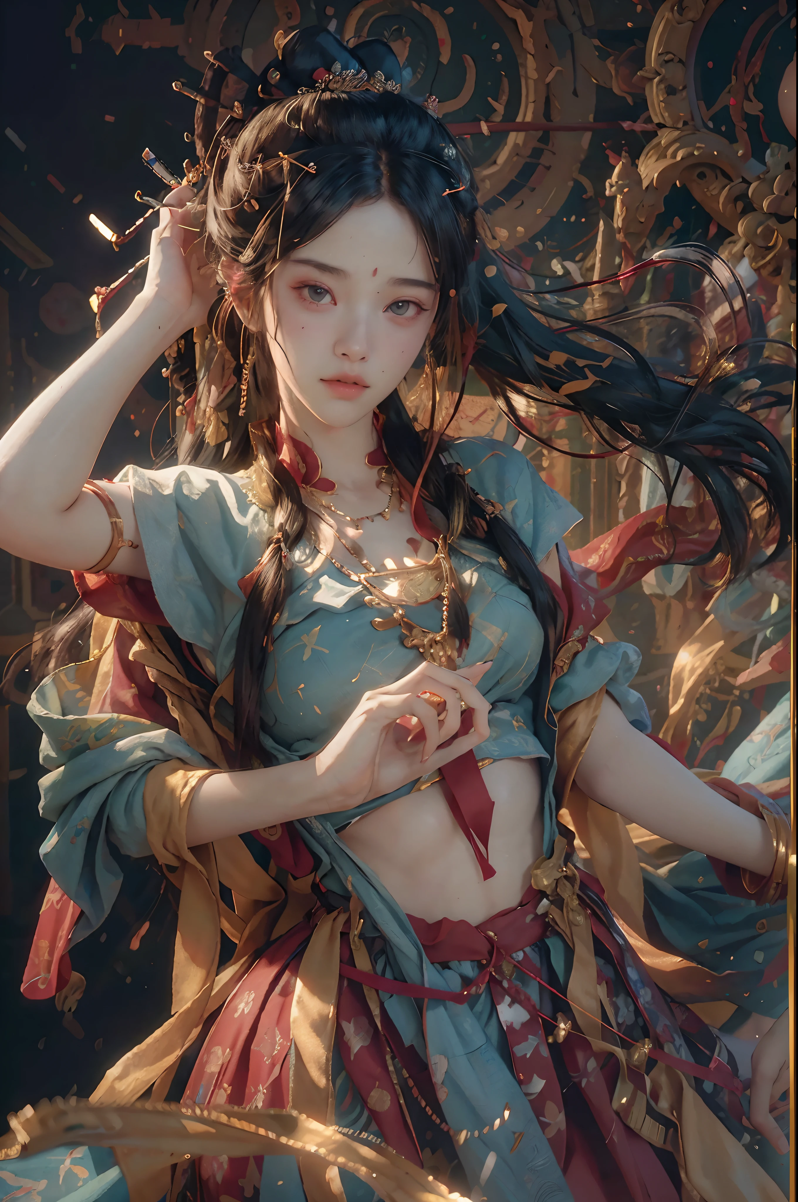 (RAW photo, best quality), (realistic, photo-realistic:1.3),best quality,highly detailed,masterpiece,ultra-detailed,illustration,1girl,upper_body,dynamic angle,world masterpiece theater,messy_long_hair,best quality,extremely detailed CG unity 8k wallpaper,ink,Amazing,cinematic lighting,lens_flare, dunhuang_style