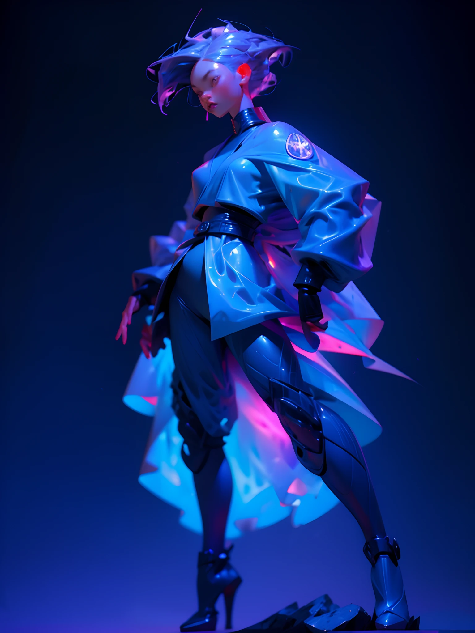 A black and blue ninja girl, stunning figure, magical character, purple electric on fingre