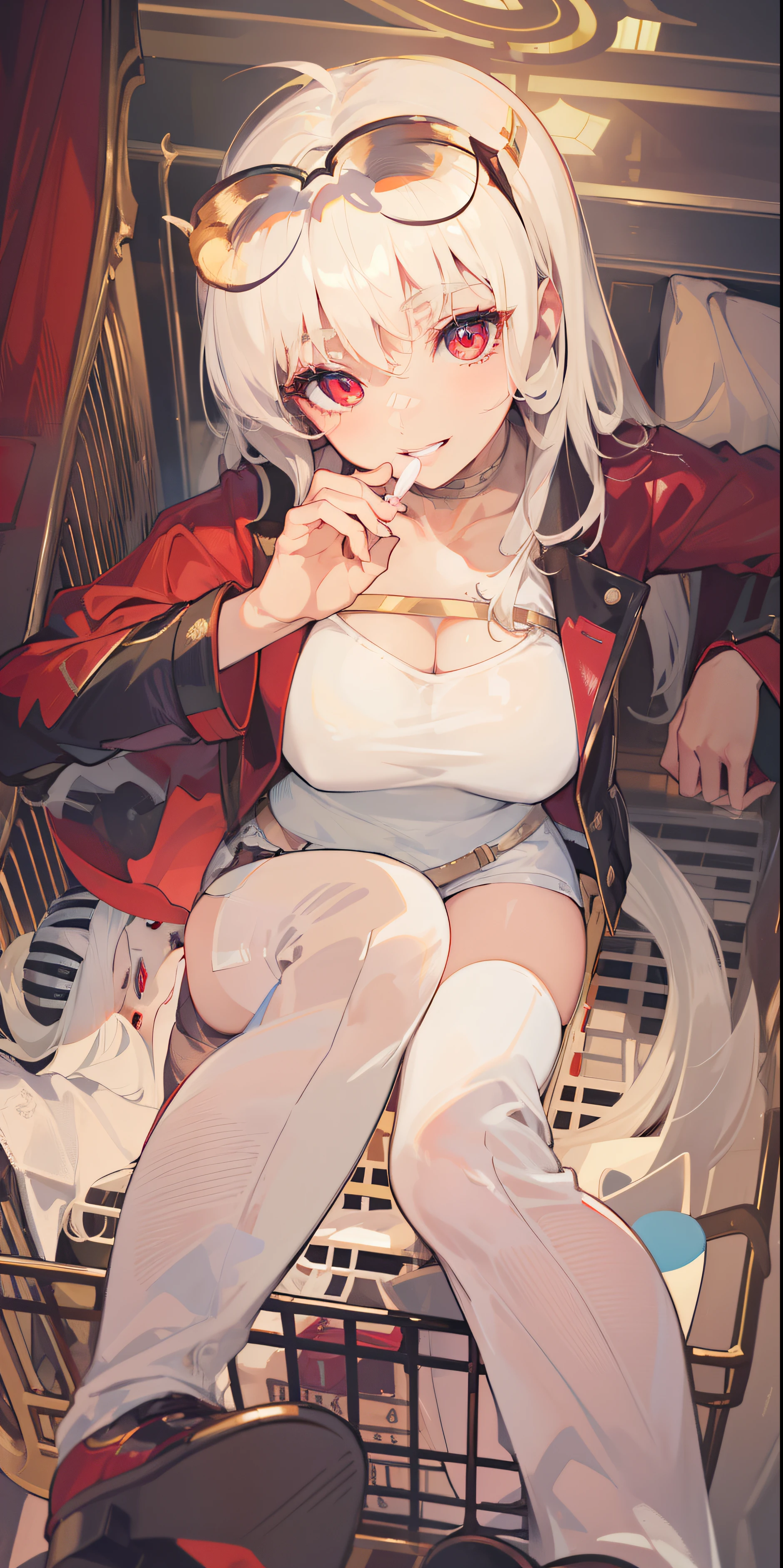 Anime, 1girl, white hair, red eyes, all parts shown, no bra, lace white choker, lace white panties, sopping wet panties, sweaty, silver chains, bondage, not realistic, arms above head, huge breasts, whole body, slender waist, spread legs