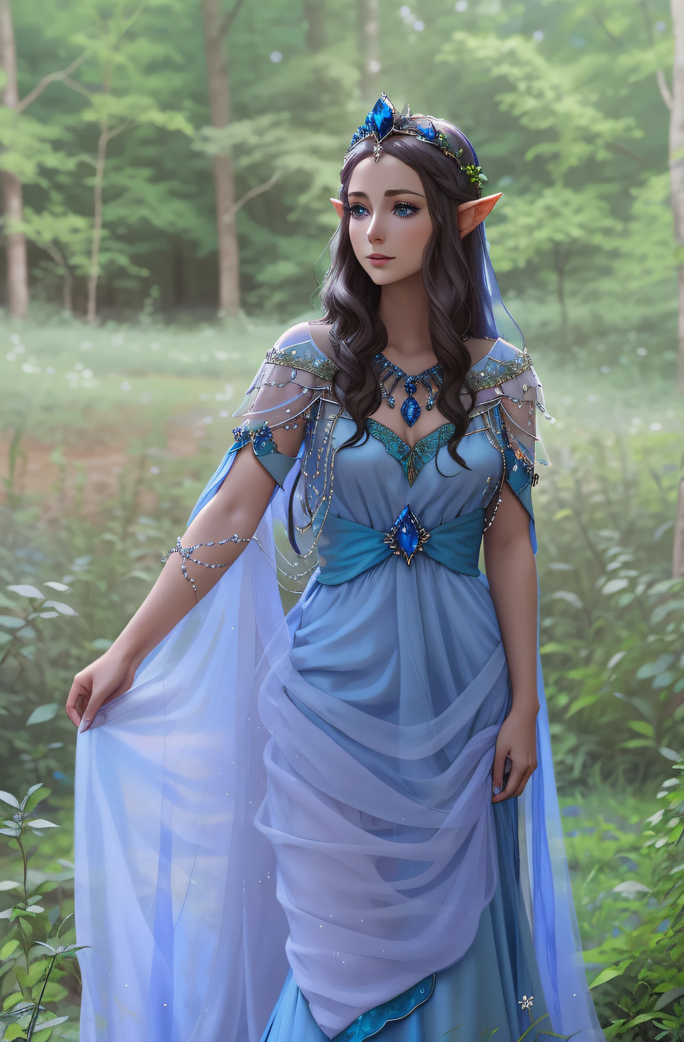 arafed woman in a blue dress and a crown standing in the woods, very beautiful elven top model, elven princess, beautiful elven princess, elf princess, side portrait of elven royalty, elven warrior princess, fey queen of the summer forest, fae priestess, alluring elf princess knight, fantasy photoshoot, an elf queen