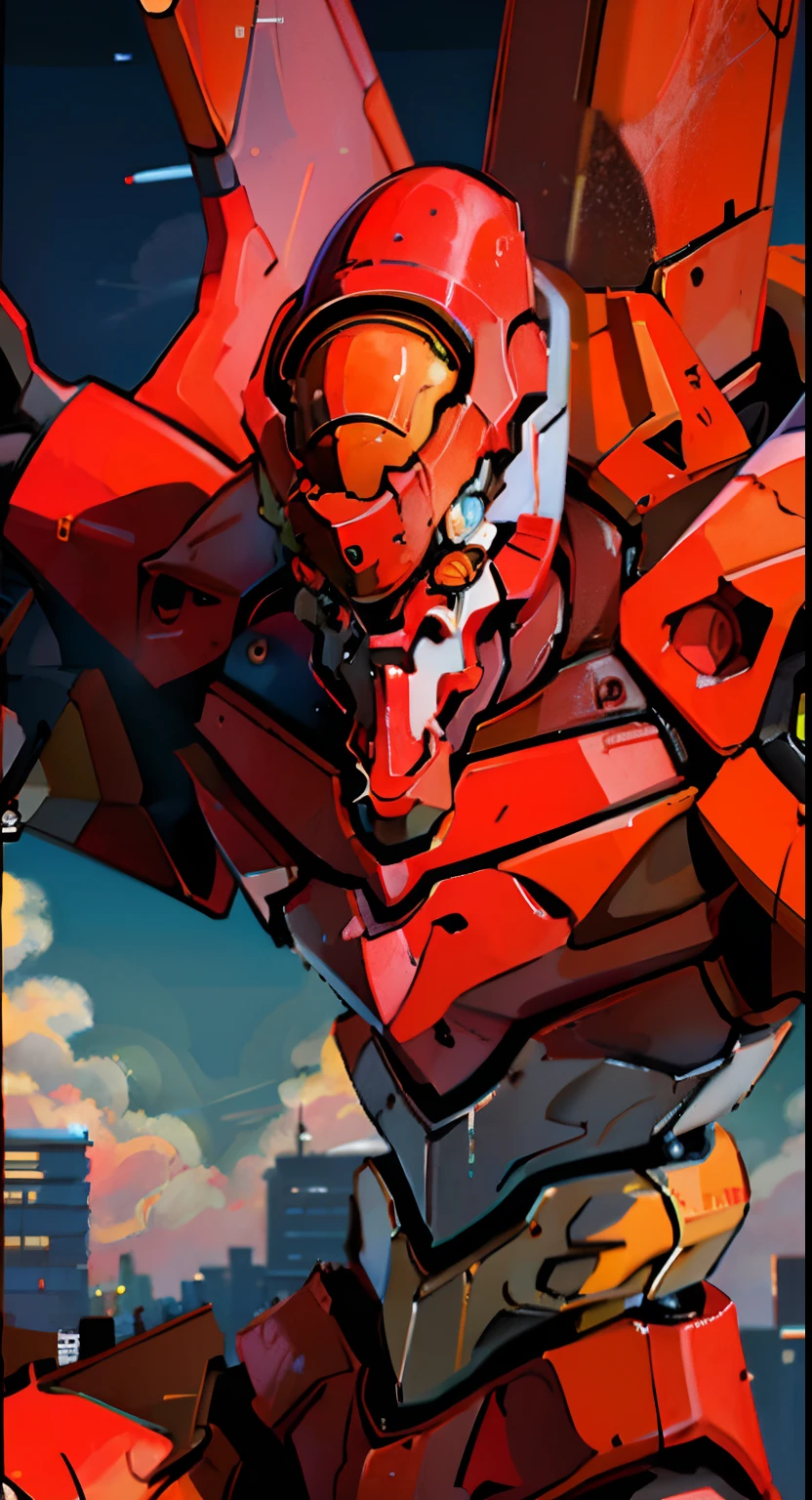 EVA02,Detailed EVA 02,close-up all over the body,the sky background,oil painted,最好质量,8K,night,city,sitting,