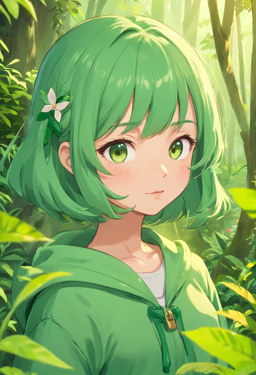 1boy , short green hair , hair clips ,  , light green sweater with white blazer on top , green watch 