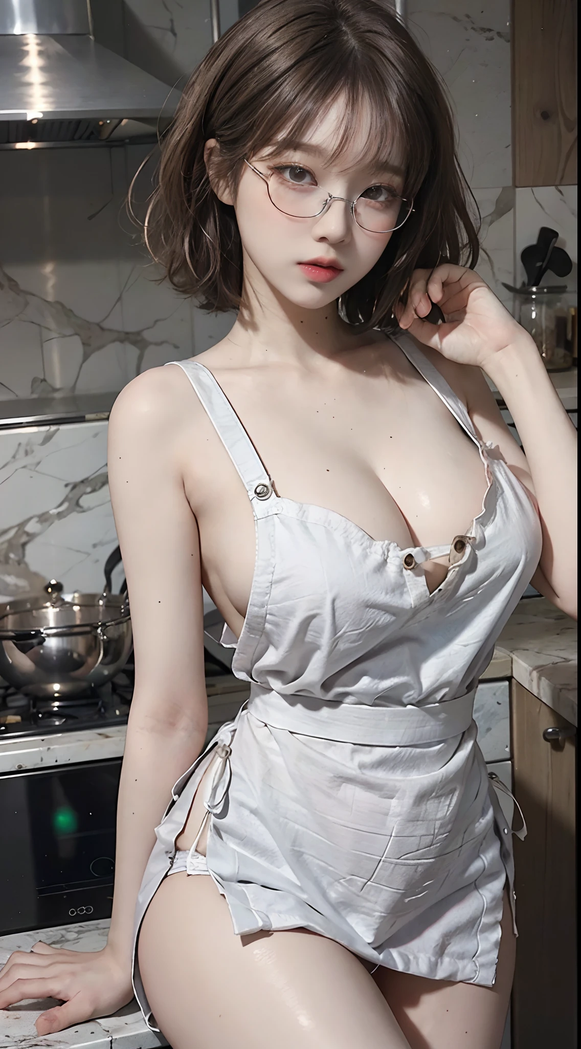 Top image quality、Raw photography、超A high resolution、18-year-old Korean、Glasses beauty、Colossal tits:1.5、cleavage of the breast:1.5、Healthy complexion、shiny white skin、(short cut hair)、((Light brown silver hair))、Beautiful eyes with random colors、very thin lips、beautiful eyes finely detailed、elongated eyes、pale pink blush、long eyeslashes、Beautiful double eyelids、eyeshadows、耳Nipple Ring、Beautiful skin、Healthy skin、(Fashionable glasses、Wearing _kitchin_Apron、Broken white micro apron、Naked little apron, Apron with holes、Beautiful legs、Attractive thighs)、(slightly thicker thighs、Sit in the kitchen)