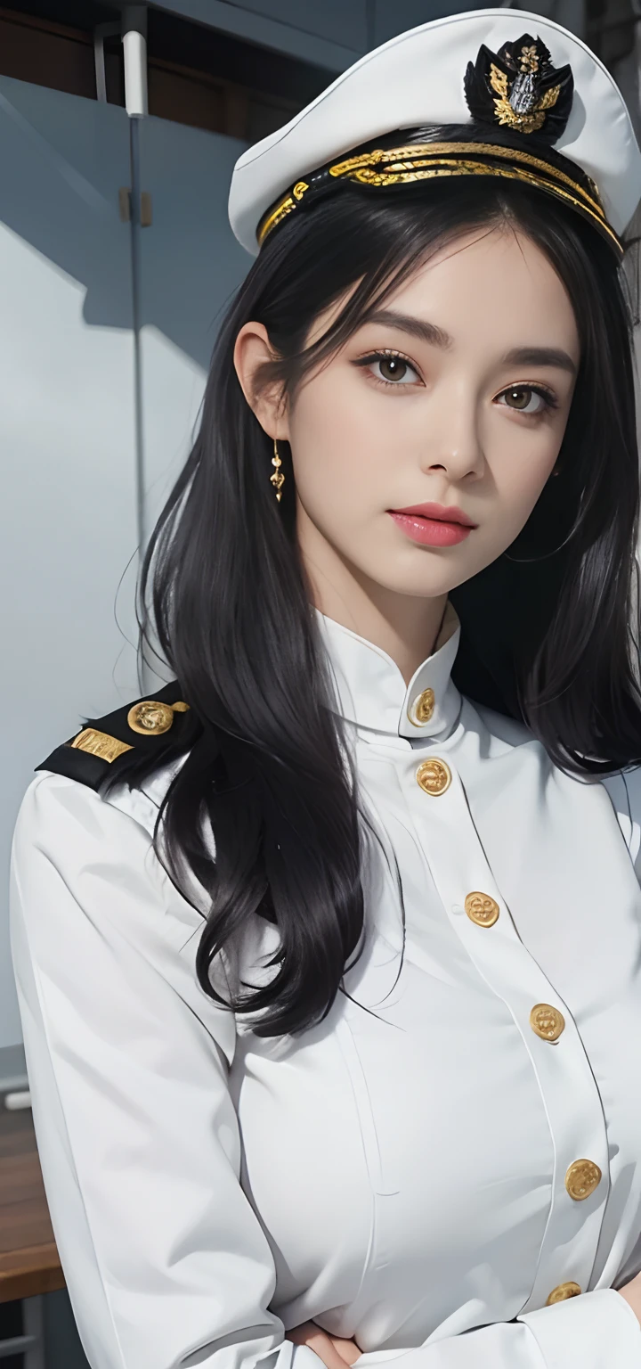 girl with, quality, top-quality, big breasts beautiful, prette, The sheen,On a warship, tmasterpiece,White Navy Uniform, Long Black Hair,With military cap,Eyes are sharp and affectionate,A sweet smile,battle posture,(((full armor:1.8))),white colors,(((facial detailing:1.2)))Bigchest,big breasts thin waist,long legged,bared chest,bare lower body,Camel toes