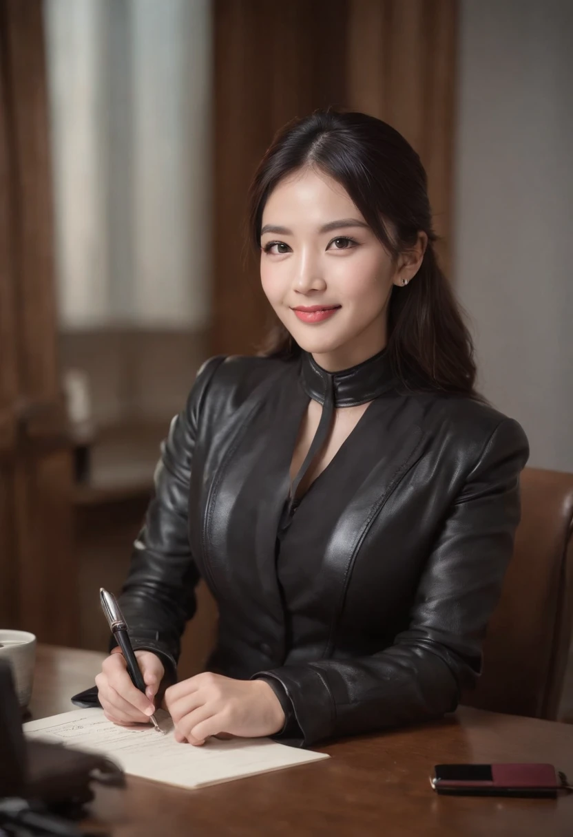 Wearing black leather gloves on both hands, Upper body, Black business suit, Facing the desk in my room with a computer in the dark, Look down and smile, Use a fountain pen to write a letter, Black hair was tied back for a long time, Female new employee with a Japan who is still young and very cute (Black leather gloves cover both hands)Gentle smile looking at the camera、Black leather gloves to do the job