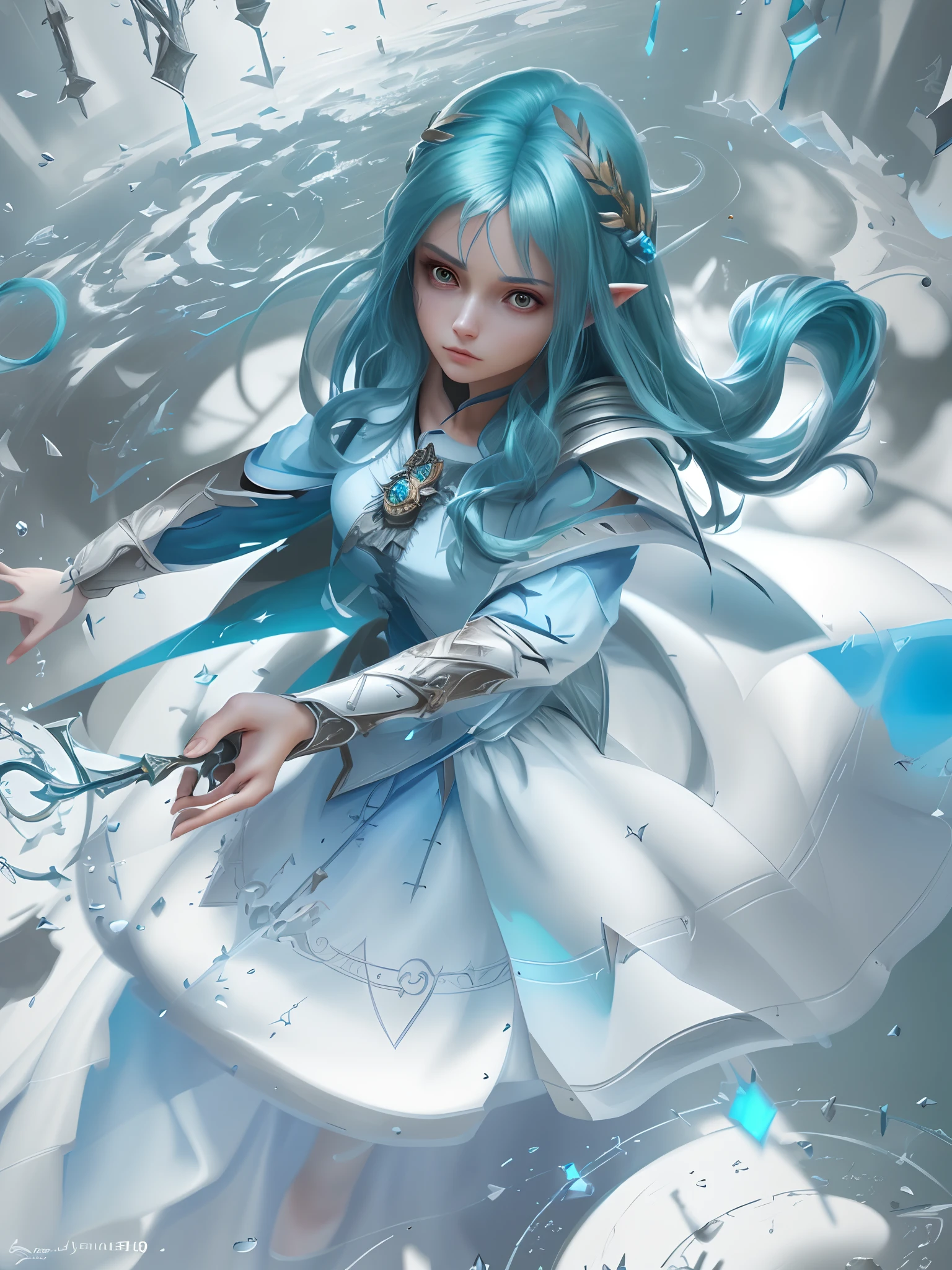 ((Masterpiece, Highest quality)), Detailed face, CharacterDesignSheet， full bodyesbian,, Highly detailed, Depth, Many parts，Beautiful female，Extremely beautiful，High Balance, Natural light, Final Fantasy，Blue hair,long braid，hentail realism, shadowing,character sheets, reference sheet, Standing painting, 8K,8 Super details, 1080p, Women's HD，Slim，femele, 16k, A high resolution, Best quality, High quality, Anatomically correct, Masterpiece, ccurate, hyper HD，As graceful as a swan，unreal-engine，Standing painting, angle of view,Yarn skirt，ssee-through，is shy