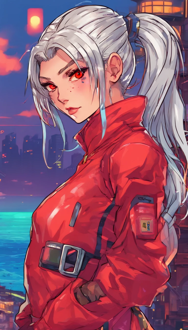 Best Quality,masutepiece,hight resolution,beautidful eyes,beautifull hands,Beautiful legs,(NSFW:0.5),(Illustrator:1.2),(the panorama:1.6), BREAK, (1 girl, Solo:1.8),(12year old:1.2), (Red Eyes,Silver hair,Cute face:1.5),(High Ponytail:1.6), (Fang teeth:1.5),[a smile], BREAK,(Old townscape,Sea view:1.6)
