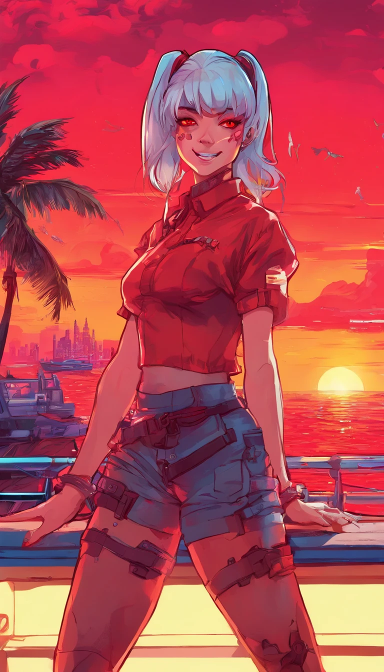 Best Quality,masutepiece,hight resolution,beautidful eyes,beautifull hands,Beautiful legs,(NSFW:0.5),(Illustrator:1.2),(the panorama:1.6), BREAK, (1 girl, Solo:1.8),(12year old:1.2), (Red Eyes,Silver hair,Cute face:1.5),(High Ponytail:1.6), (Fang teeth:1.5),[a smile], BREAK,(Old townscape,Sea view:1.6)