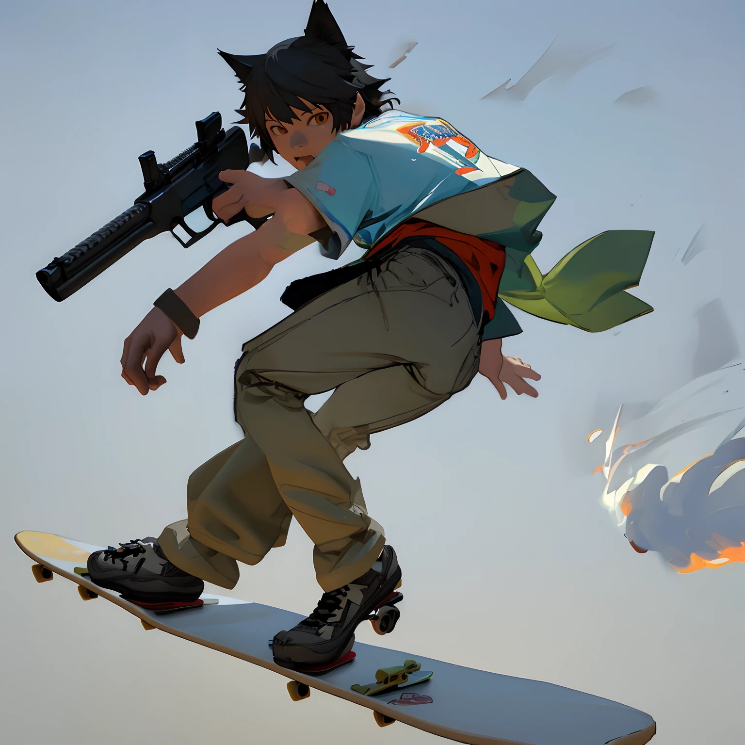 Long skater's shirt, flattering behind him