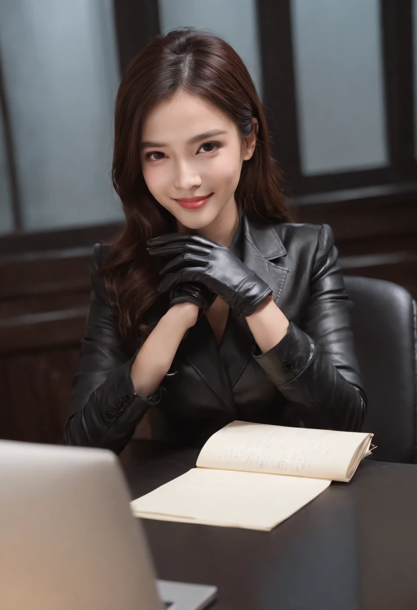 Wearing black leather gloves on both hands, Upper body, Black business suit, Facing the desk in my room with a computer in the dark, Look down and smile, Use a fountain pen to write a letter, Black hair was tied back for a long time, Female new employee with a Japan who is still young and very cute (Black leather gloves cover both hands)Gentle smile looking at the camera、Black leather gloves to do the job