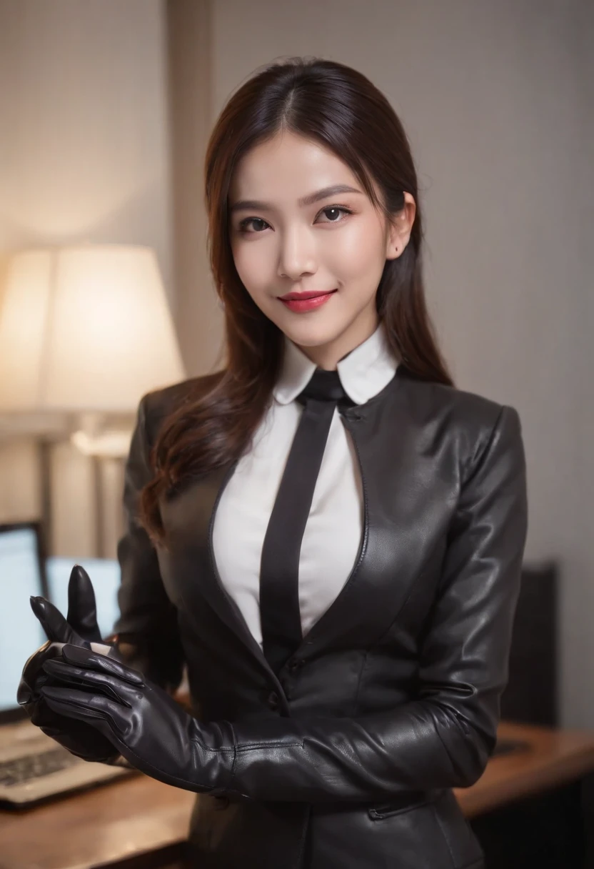 Wearing black leather gloves on both hands, Upper body, Black business suit, Facing the desk in my room with a computer in the dark, Look down and smile, Use a fountain pen to write a letter, Black hair was tied back for a long time, Female new employee with a Japan who is still young and very cute (Black leather gloves cover both hands)Gentle smile looking at the camera、Black leather gloves to do the job