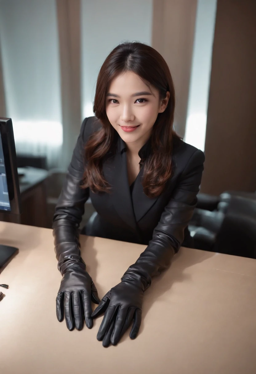 Wearing black leather gloves on both hands, Upper body, Black business suit, Facing the desk in my room with a computer in the dark, Look down and smile, Use a fountain pen to write a letter, Black hair was tied back for a long time, Female new employee with a Japan who is still young and very cute (Black leather gloves cover both hands)Gentle smile looking at the camera、Black leather gloves to do the job