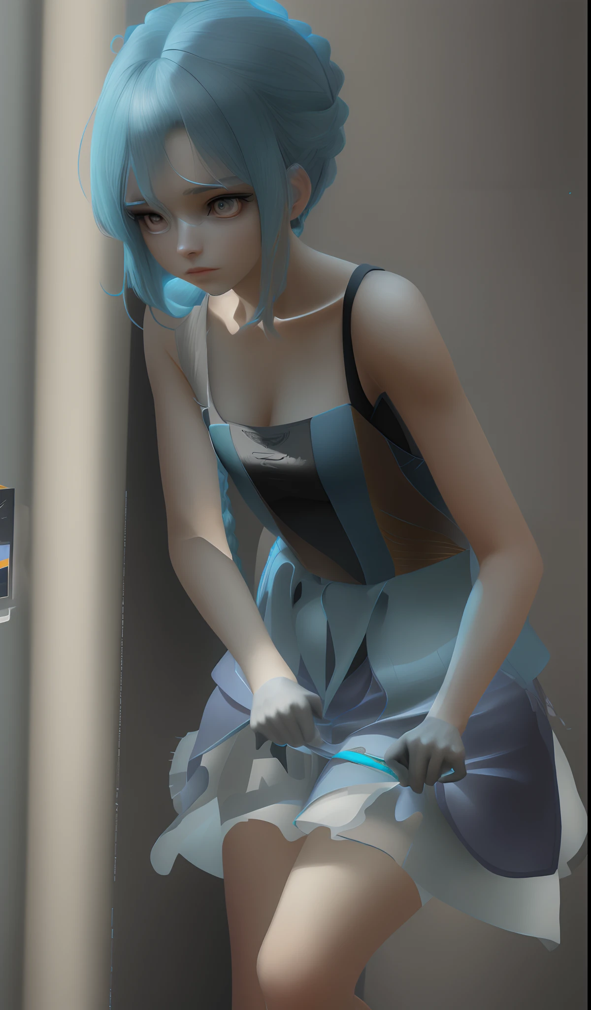 ((Masterpiece, Highest quality)), Detailed face, CharacterDesignSheet， full bodyesbian,, Highly detailed, Depth, Many parts，Beautiful female，Extremely beautiful，High Balance, Natural light, Final Fantasy，Blue hair,long braid，hentail realism, shadowing,character sheets, reference sheet, Standing painting, 8K,8 Super details, 1080p, Women's HD，Slim，femele, 16k, A high resolution, Best quality, High quality, Anatomically correct, Masterpiece, ccurate, hyper HD，As graceful as a swan，unreal-engine，Standing painting, angle of view,Yarn skirt，ssee-through，is shy