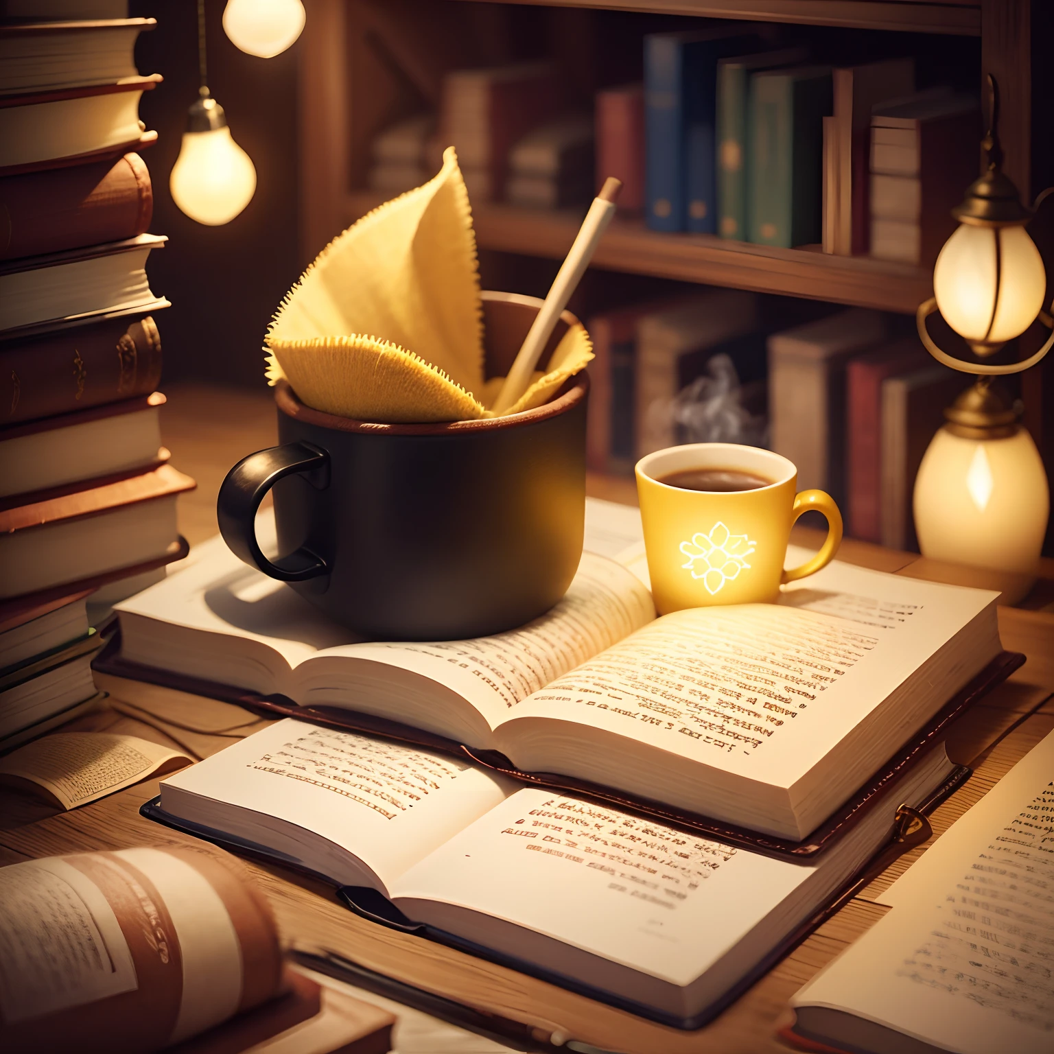 Coffee cup and lighted yellow wool, books