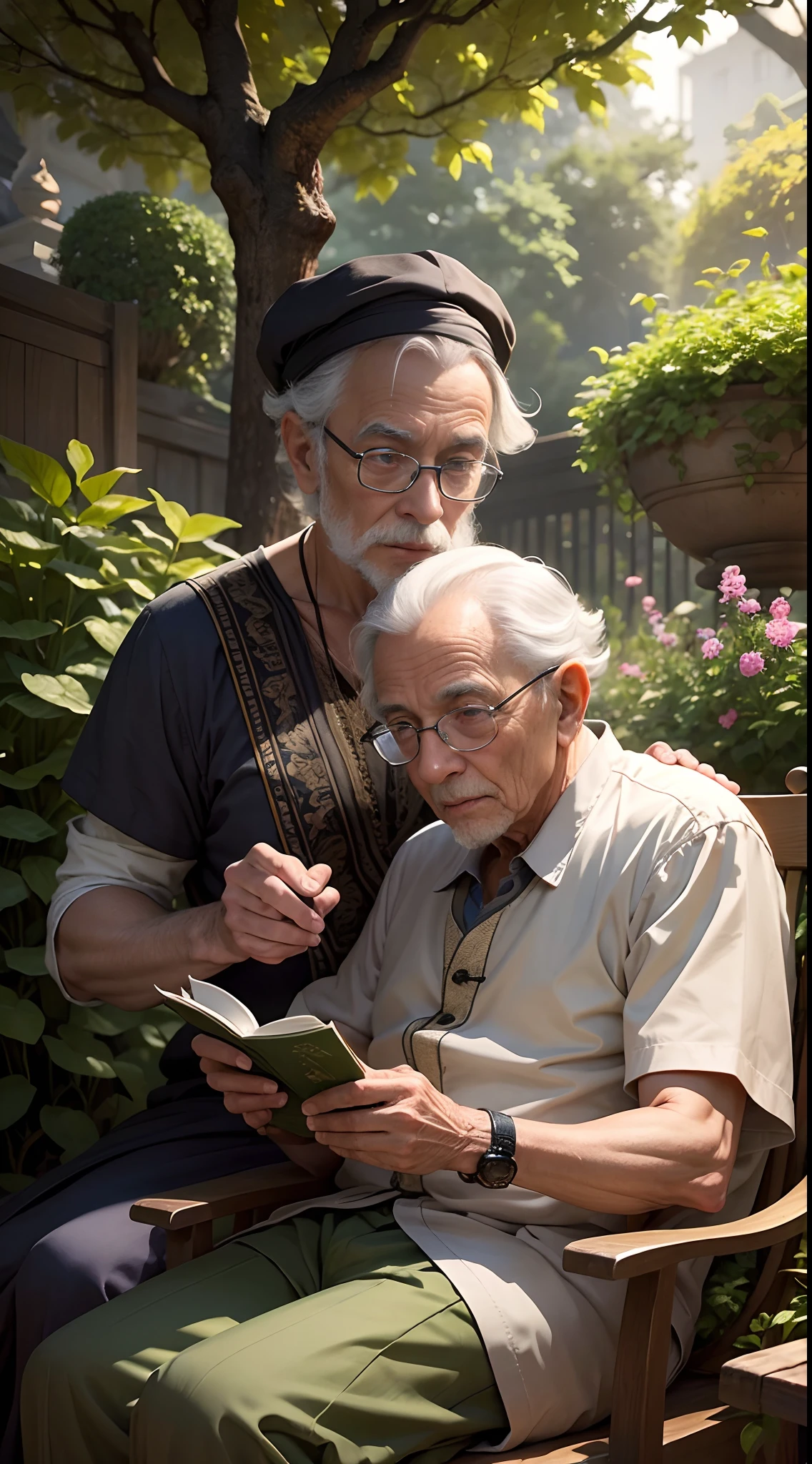 A wise old man advising a curious boy in a serene garden, com um carvalho majestoso, whose branches extended in all directions