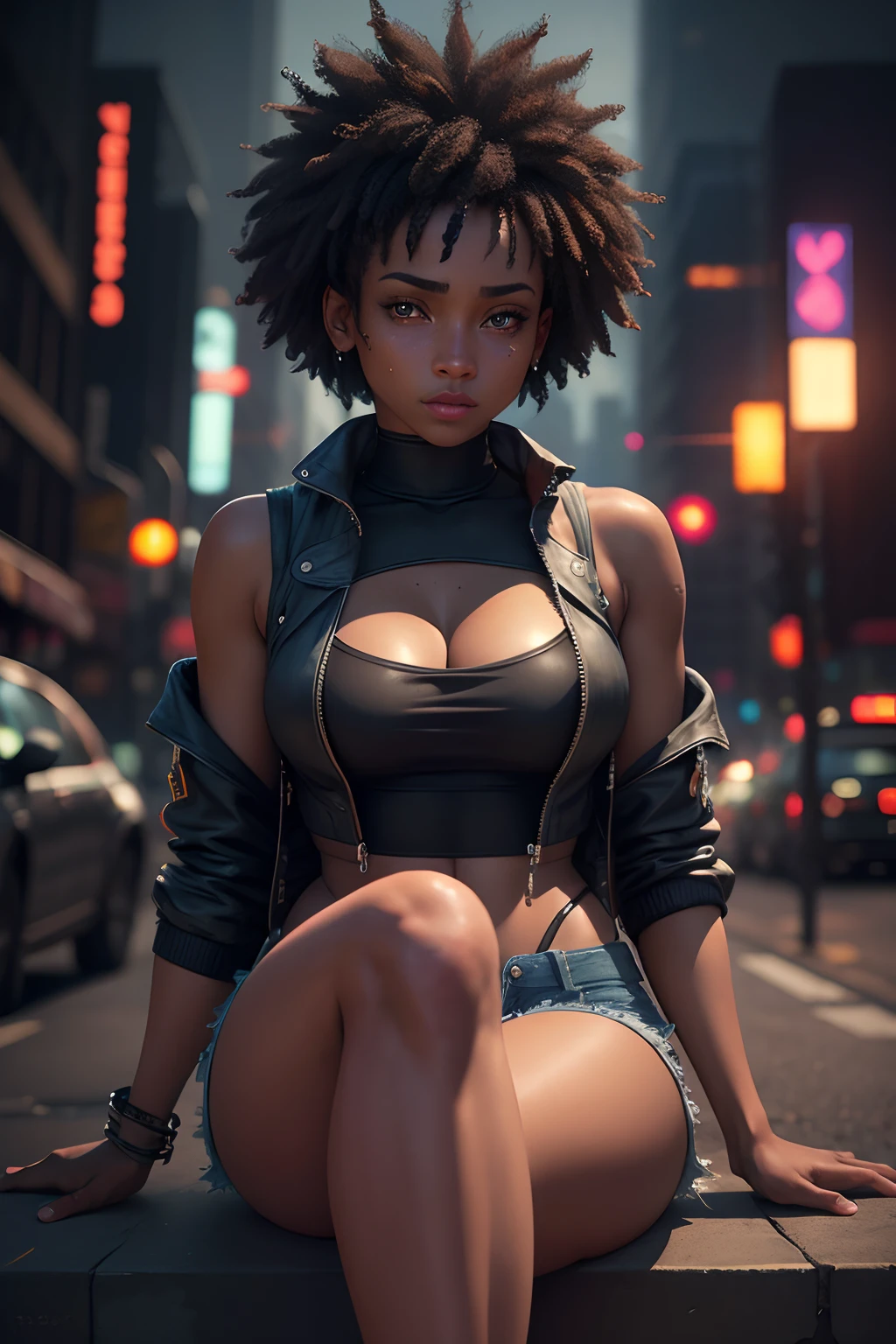 cyberpunk, night, dark, neon lights. city, dystopian future, sci-fi, (8k), (best quality), (masterpiece:1.2), (realistic), (photorealistic:1.0), ultra-detailed, 1girl, ebony, black, sitting, small tits, 18 yo, teen tanktop, laether jacket, garters, denim shorts, legs, full body, cute, freckles, beautiful detailed eyes, beautiful detailed nose, garters, sexy legs, denim shorts, realistic skin texture, attractive face, short hair, afro hair