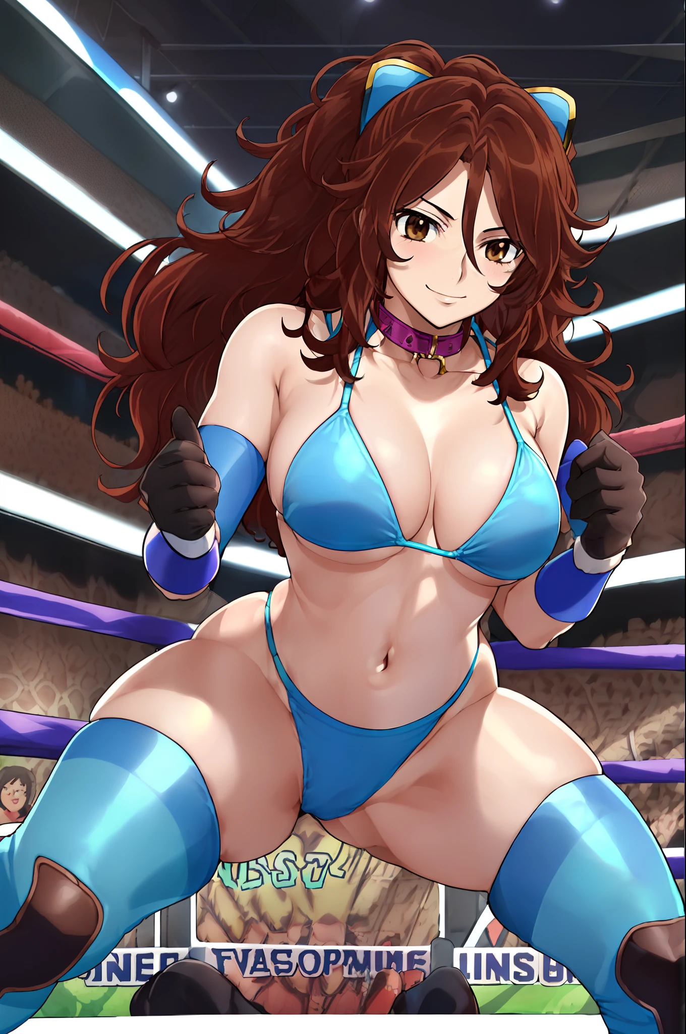 cowboy shot, upper body view only, anime style: 1.8, anime drawing, ultra detailed face, ultra detailed body, 4k, Sumergai Lee Noriega, (suplex), best quality, anime style, hires, highest definition, digital blending, bold drawing lines, ((slender body, female wrestler), (location: wrestling arena, crowds watching), (slender body, off-shoulders), mature woman, ((wrestling gear: blue micro bikini, boots, gloves, collar band, random colors)), victorious, winner, (smile, closed mouth), (big breasts), (big eyes, brown eyes), (warming up, underarm), (tilt head, loose hair, curly hair, wavy hair, long hair, missy hair), 27 years old,