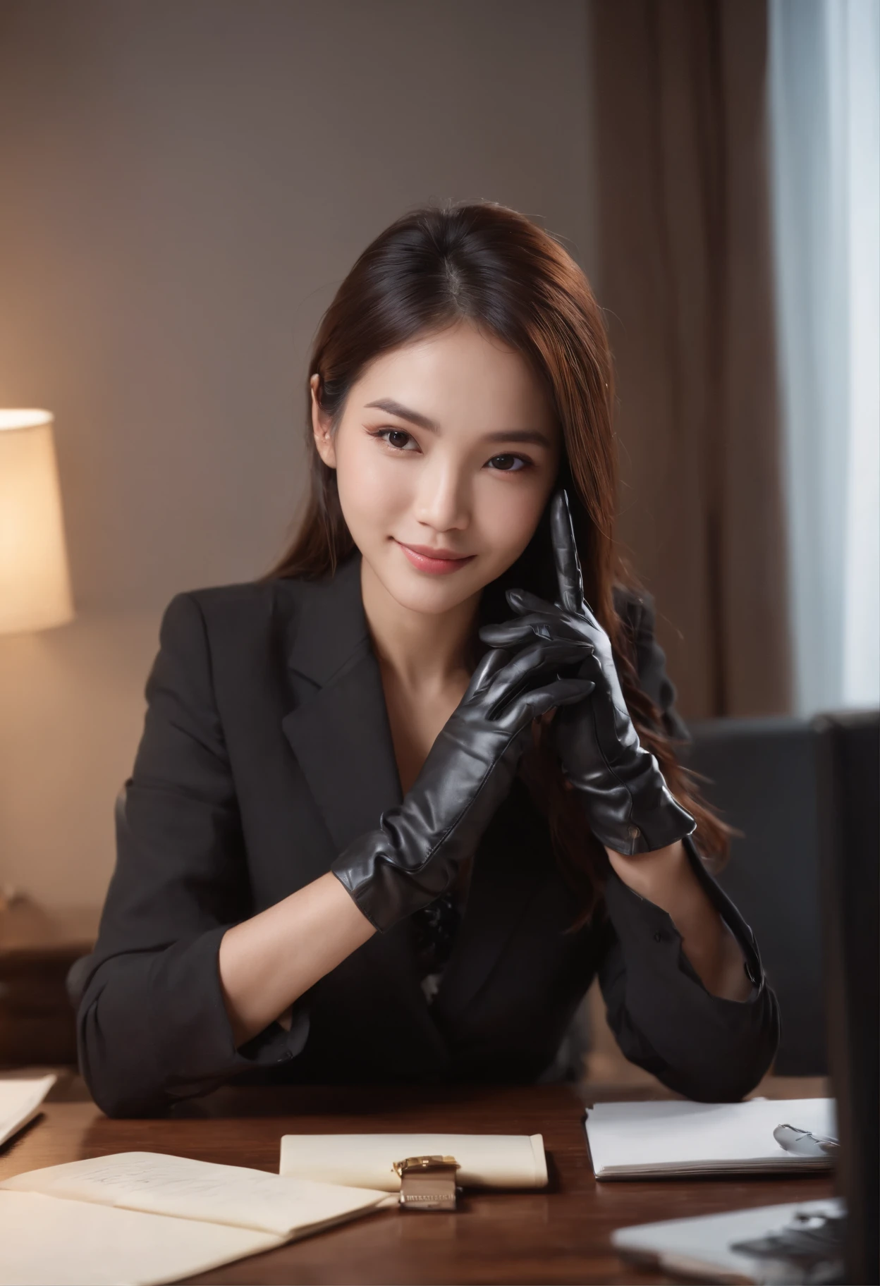Wearing black leather gloves on both hands, Upper body, Black business suit, Facing the desk in my room with a computer in the dark, Look down and smile, Use a fountain pen to write a letter, Black hair was tied back for a long time, Female new employee with a Japan who is still young and very cute (Black leather gloves cover both hands)Gentle smile looking at the camera、Black leather gloves to do the job