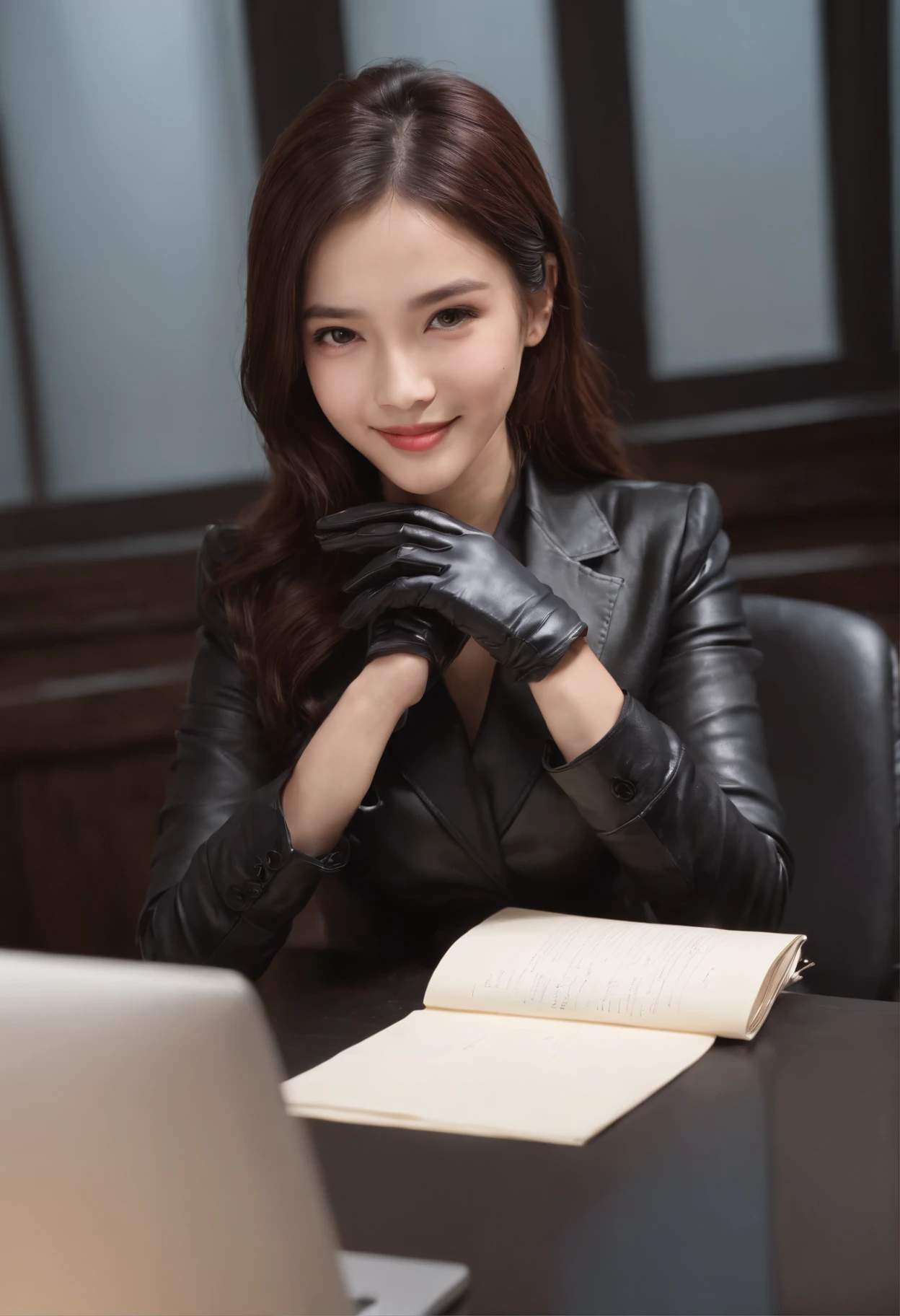 Wearing black leather gloves on both hands, Upper body, Black business suit, Facing the desk in my room with a computer in the dark, Look down and smile, Use a fountain pen to write a letter, Black hair was tied back for a long time, Female new employee with a Japan who is still young and very cute (Black leather gloves cover both hands)Gentle smile looking at the camera、Black leather gloves to do the job