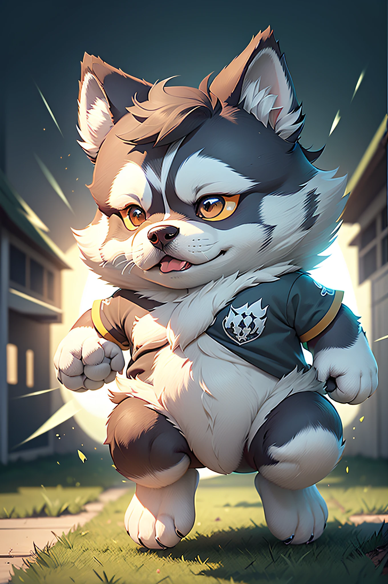 C4tt4stic,Siberian Husky dog in the cartoon of the legendary club soccer player kicking a soccer ball(The specifics of the appearance of the Siberian Husky Province、Body hair is light gray)