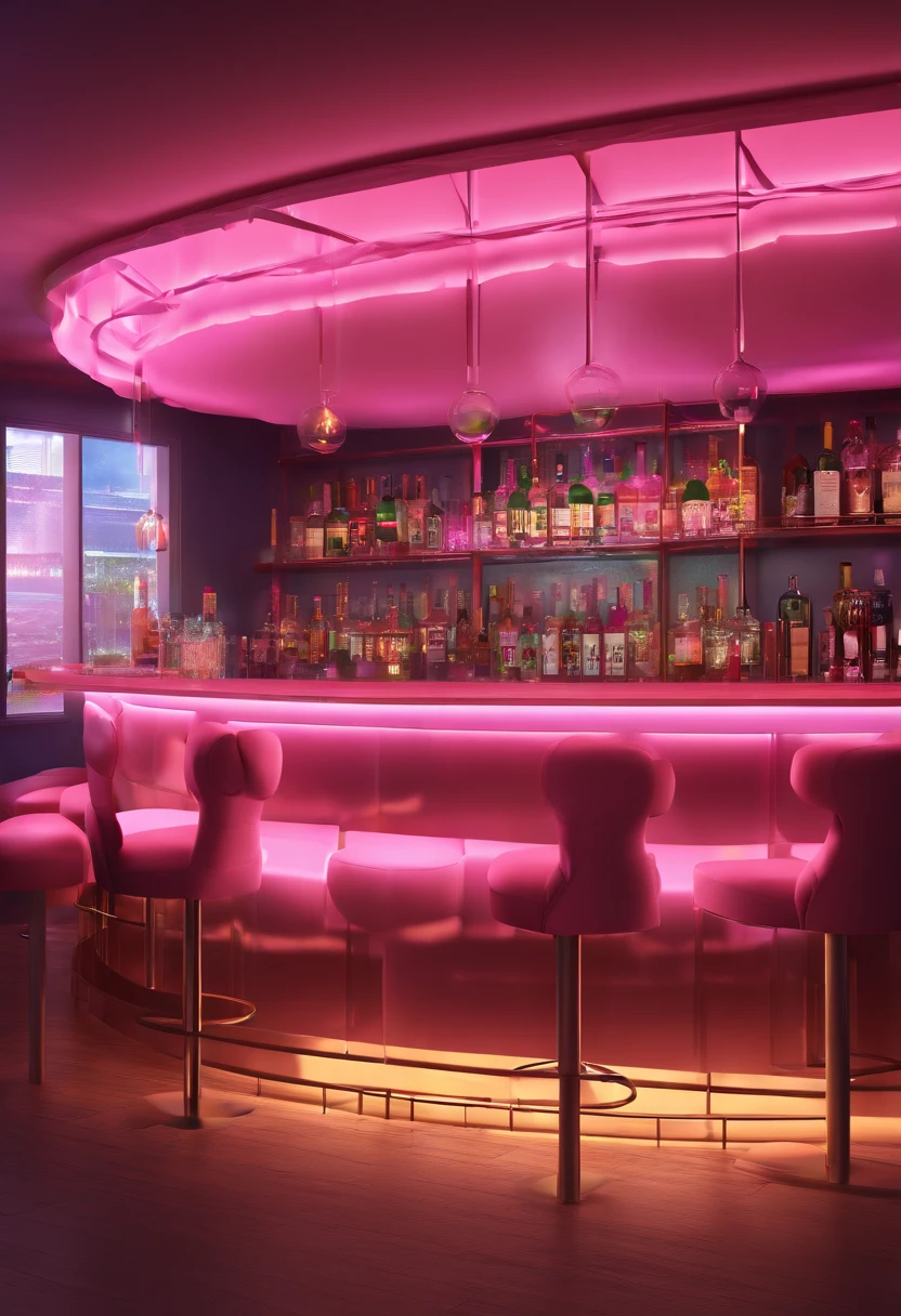Empty bar, Dark warmth, night time, Pink light, View from the bar counter, alcohol, empty glasses
