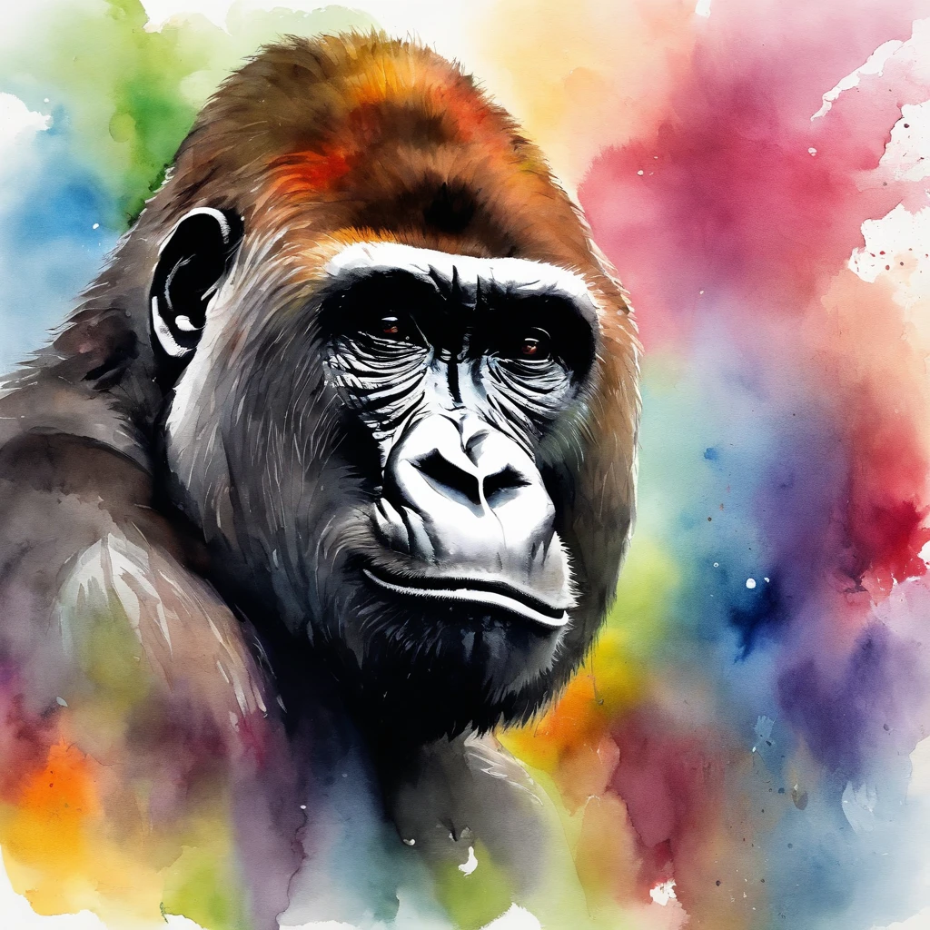Picture of a gorilla, rainbow colours,spectacular, vibrant, no signature, no watermark