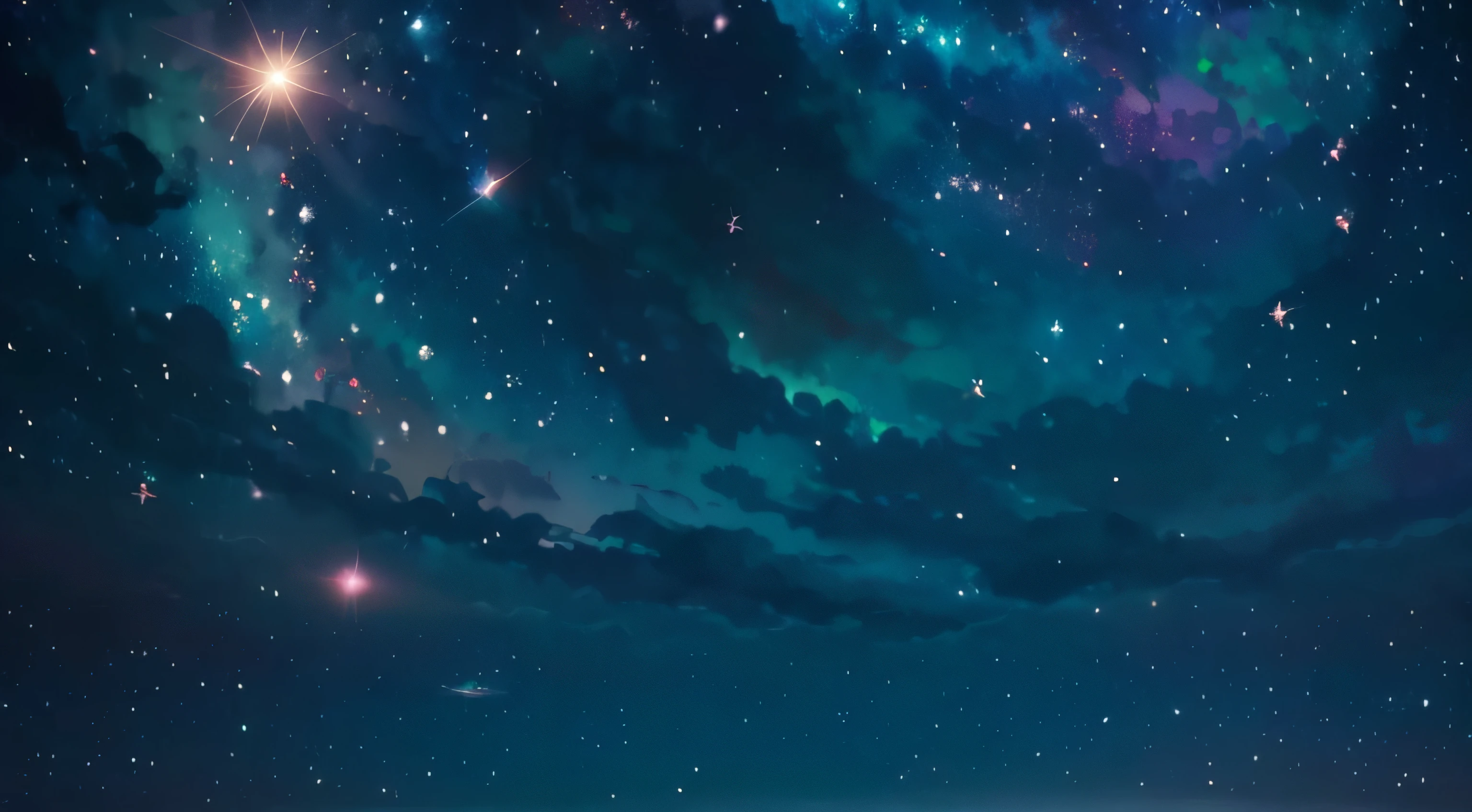The image depicts breathtakingly otherworldly landscapes，It's just magical. It appears to be taken from high above the clouds, as the viewer is presented with a stunning panoramic view of the vast expanse of the sky. The stars twinkle，twinkle, creating a mesmerizing spectacle that is truly awe-inspiring. A colorful rainbow is also visible in the distance, adding a pop of vibrant hues to the otherwise serene and tranquil atmosphere. The sun shines brightly, casting a warm and welcoming glow over the entire scene. Overall, this image is a symphony of colors, Light, and beauty that transports the viewer to another world entirely.