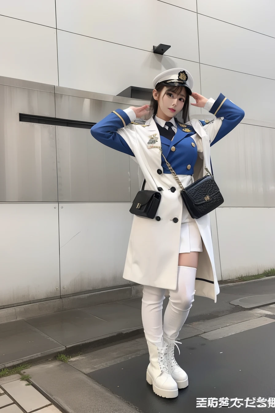 Idol in white military uniform、large full breasts、beautiful foot、White long hair、、Tight mini skirt、Good Style、、white longcoat、long boots