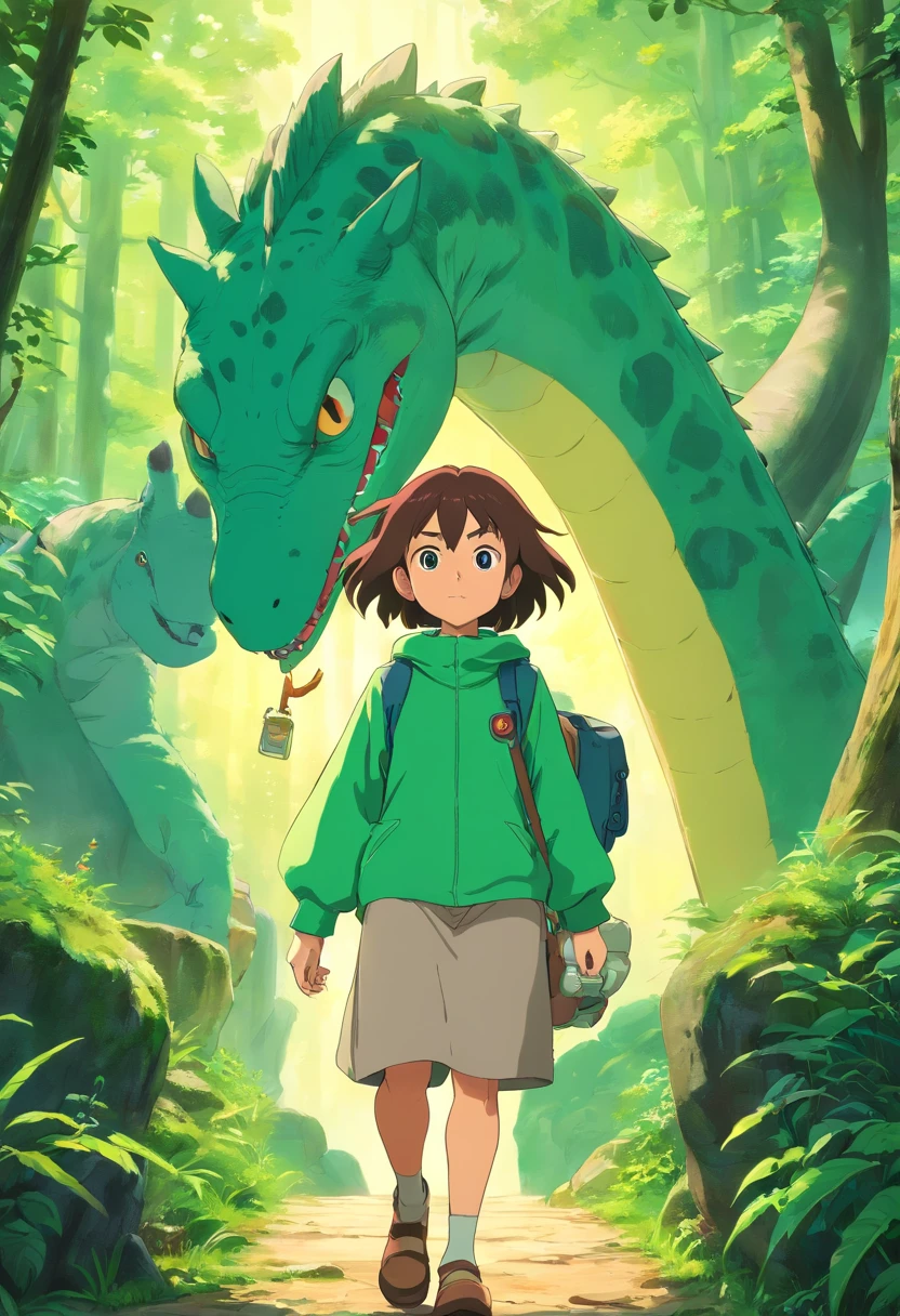vista frontal do garoto animado usando roupa explorador com seu dinossauro verde, olhos castanhos e cabelo loiro, corpo inteiro, maxim, 4k, foco nítido, pele macia e suave, symmetrical and detailed face, Octane, 3D-rendering,