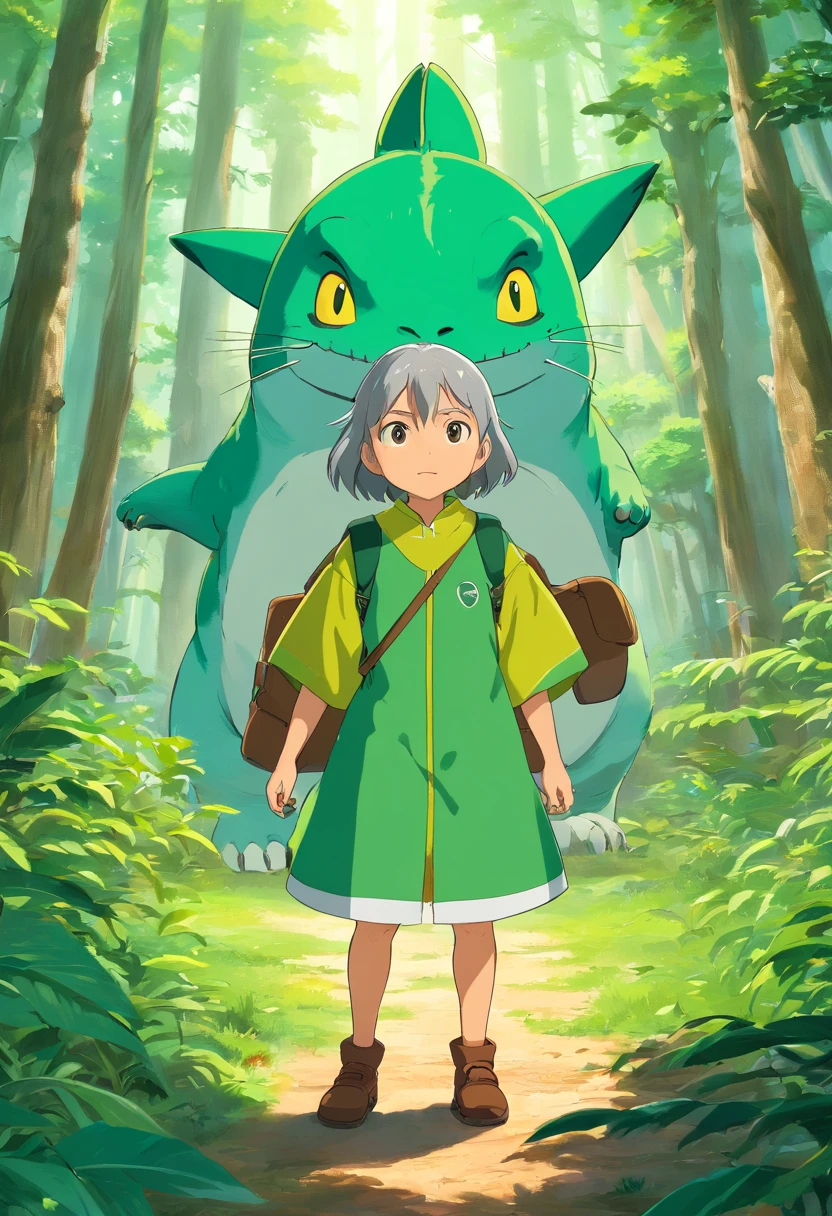 vista frontal do garoto animado usando roupa explorador com seu dinossauro verde, olhos castanhos e cabelo loiro, corpo inteiro, maxim, 4k, foco nítido, pele macia e suave, symmetrical and detailed face, Octane, 3D-rendering,